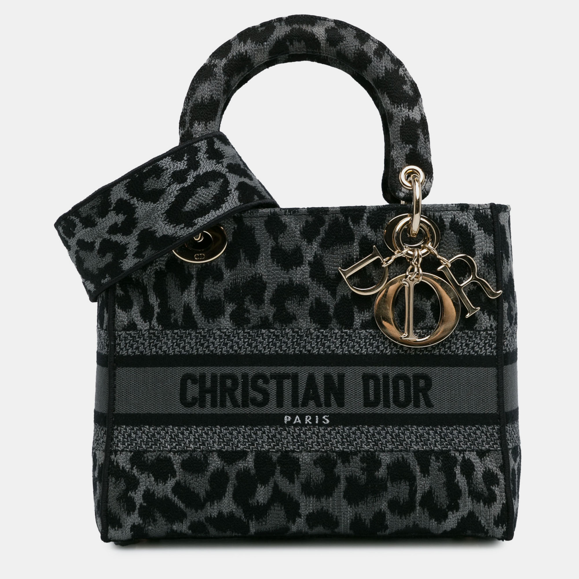 

Dior Black Grey Mizza Medium Embroidered Canvas Leopard Lady D-Lite