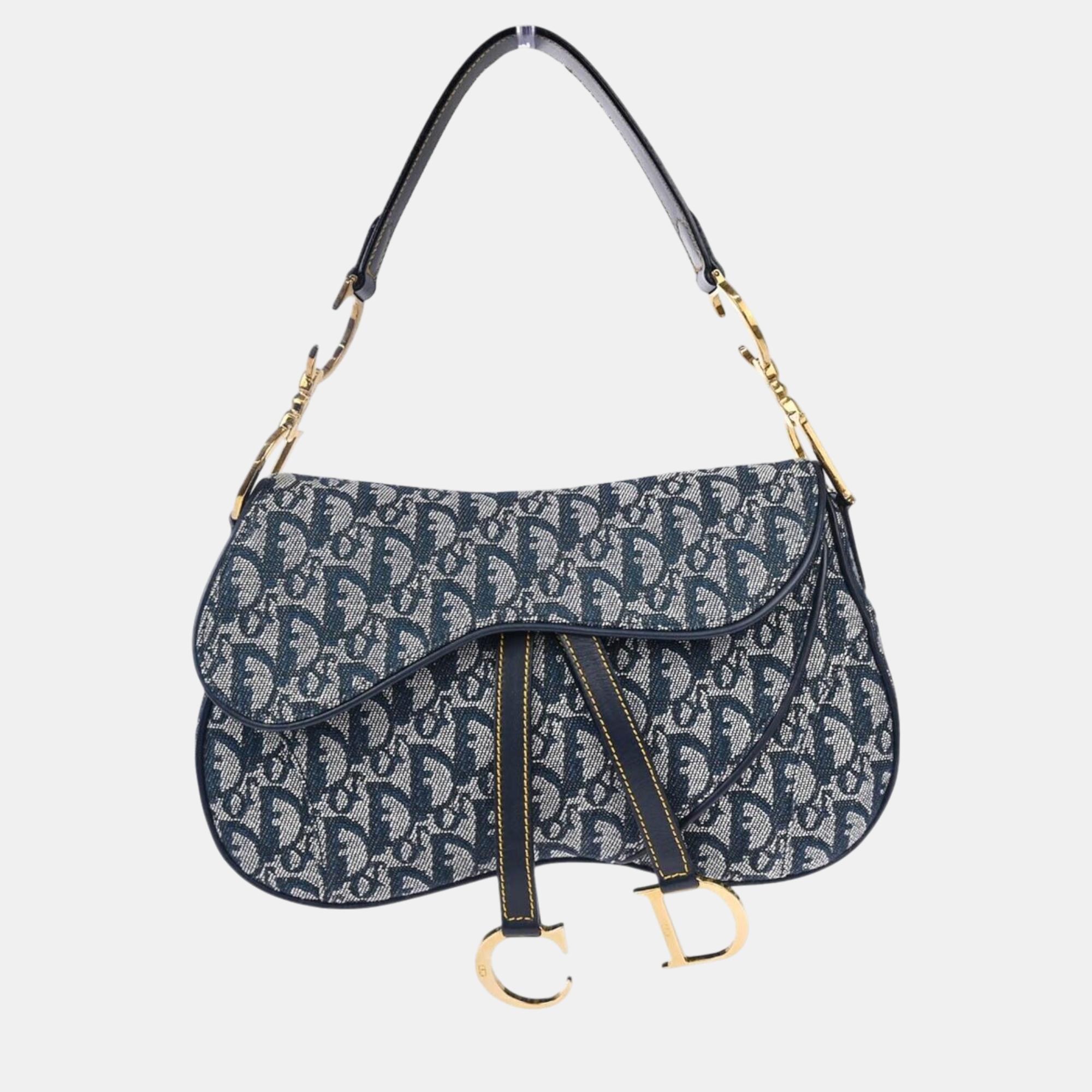 

Dior Navy Canvas and Leather Double Saddle Trotter Handbag, Navy blue