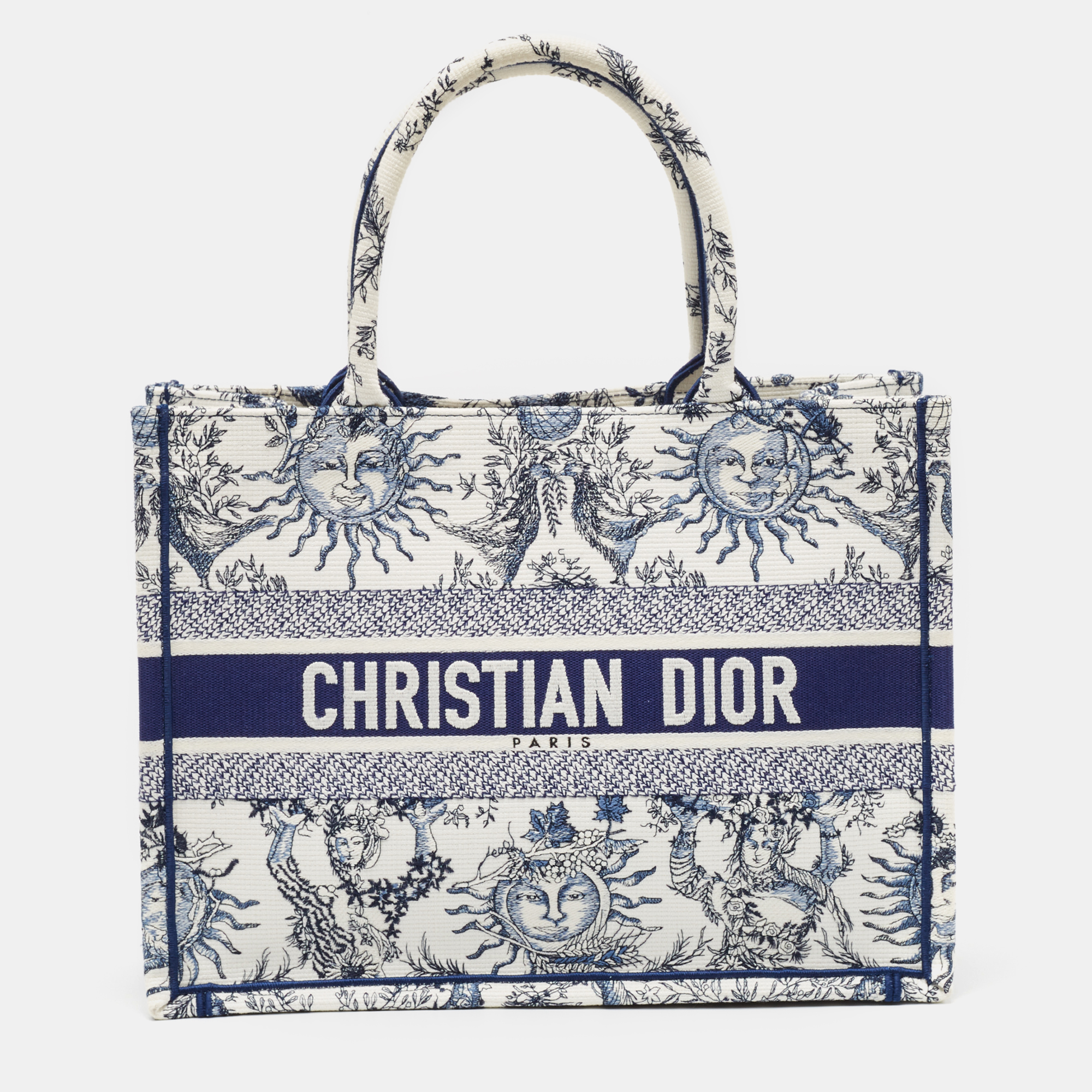 

Dior White/Blue Embroidered Toile De Jouy Soleil Canvas Medium Book Tote