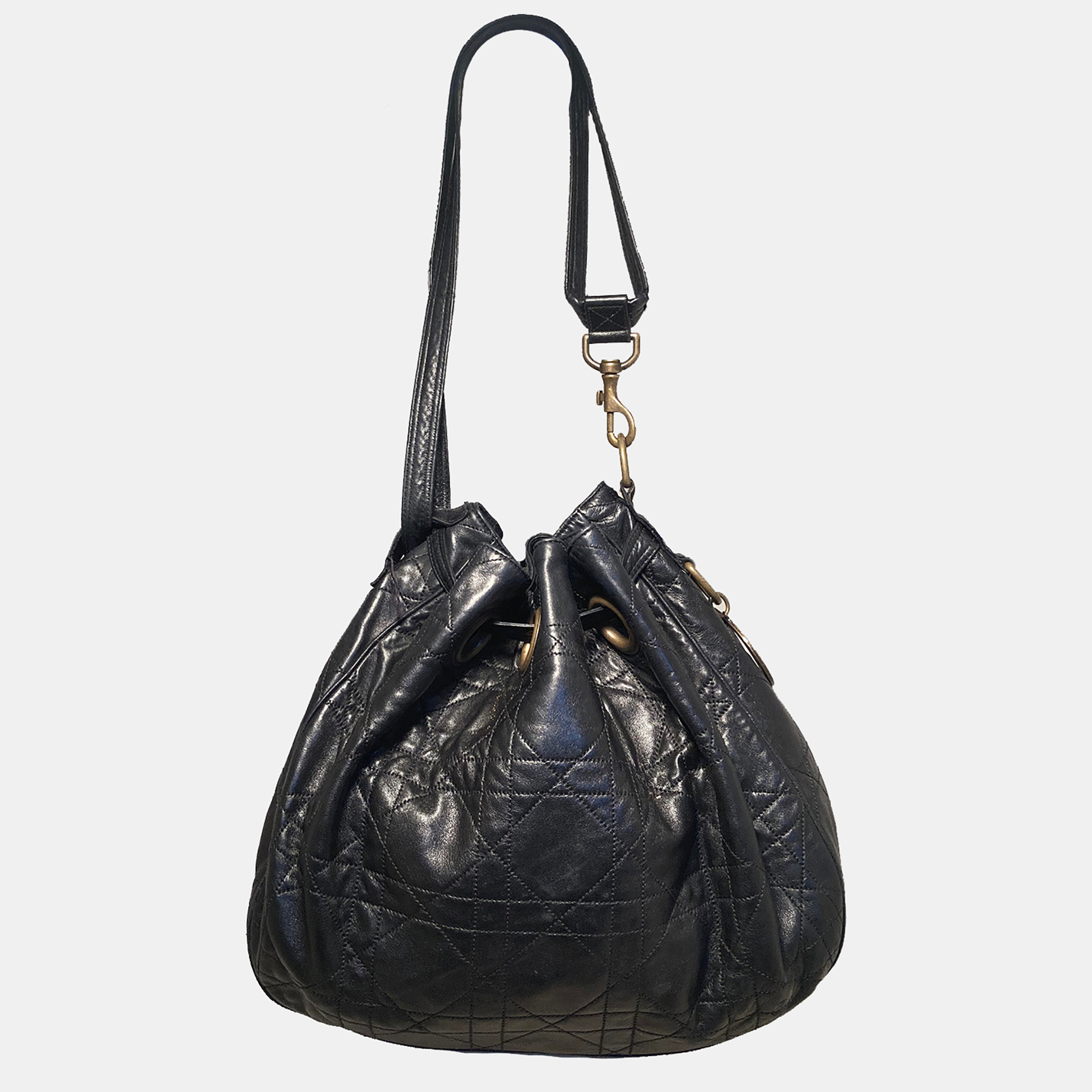 

Christian Dior Black Leather Cannage Drawstring Shoulder Bag