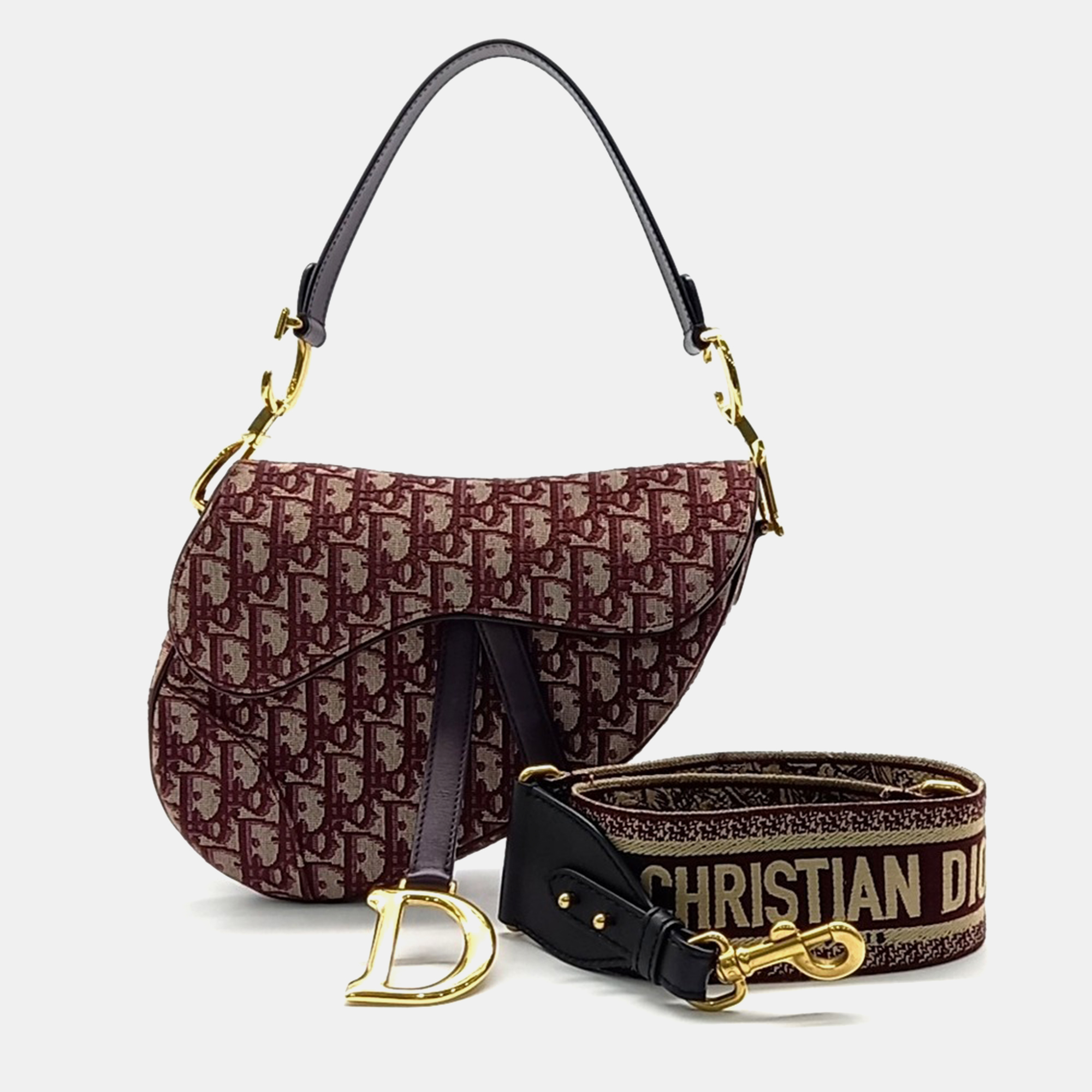 

Dior Beige Burgundy Fabric Oblique Saddle Bag & Strap