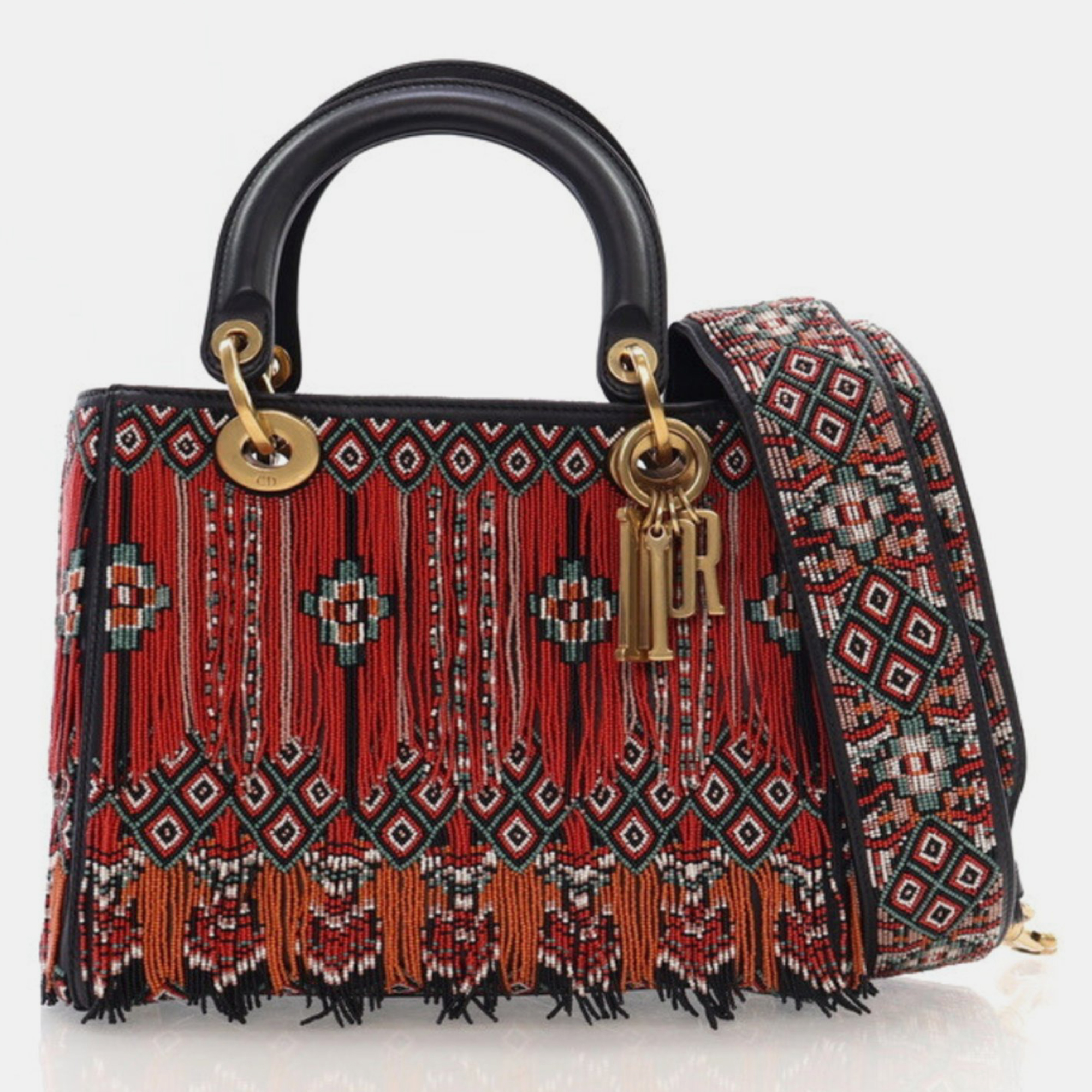 

Dior Medium Multicolor/Black Beaded Fringe Lady Dior