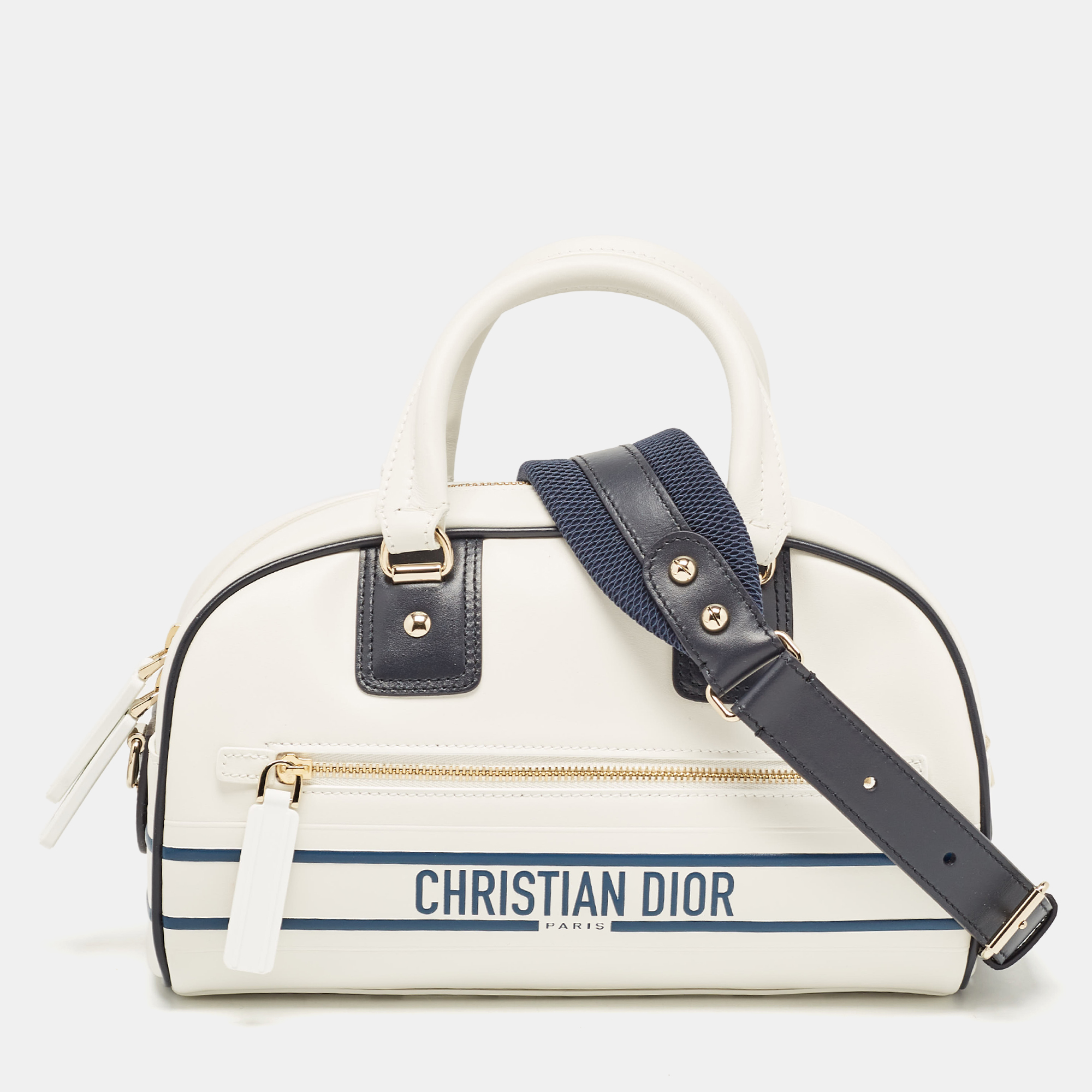 

Dior White/Navy Blue Leather and Rubber Small Vibe Bowler Bag