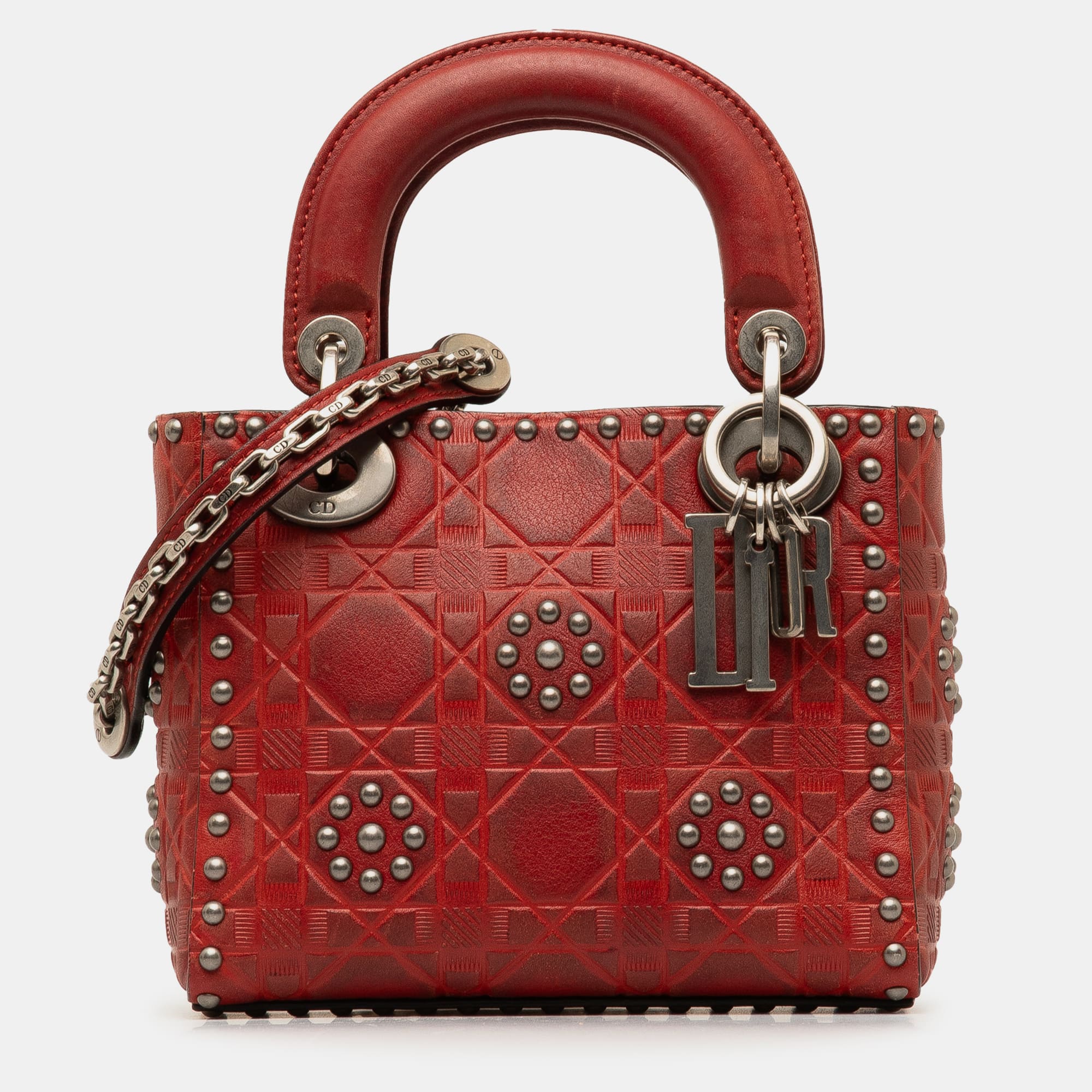 

Dior Red Mini Embossed Calfskin Cannage Studded Lady Dior