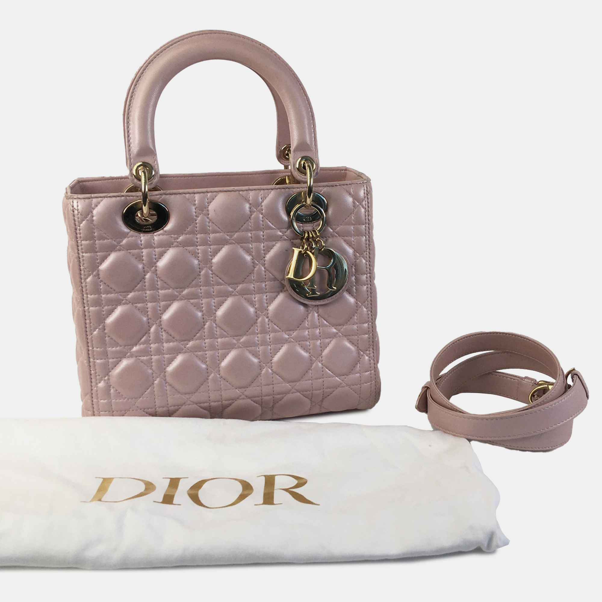 Dior Pink Pearlescent Lambskin Medium Cannage Lady Dior Tote Bag 