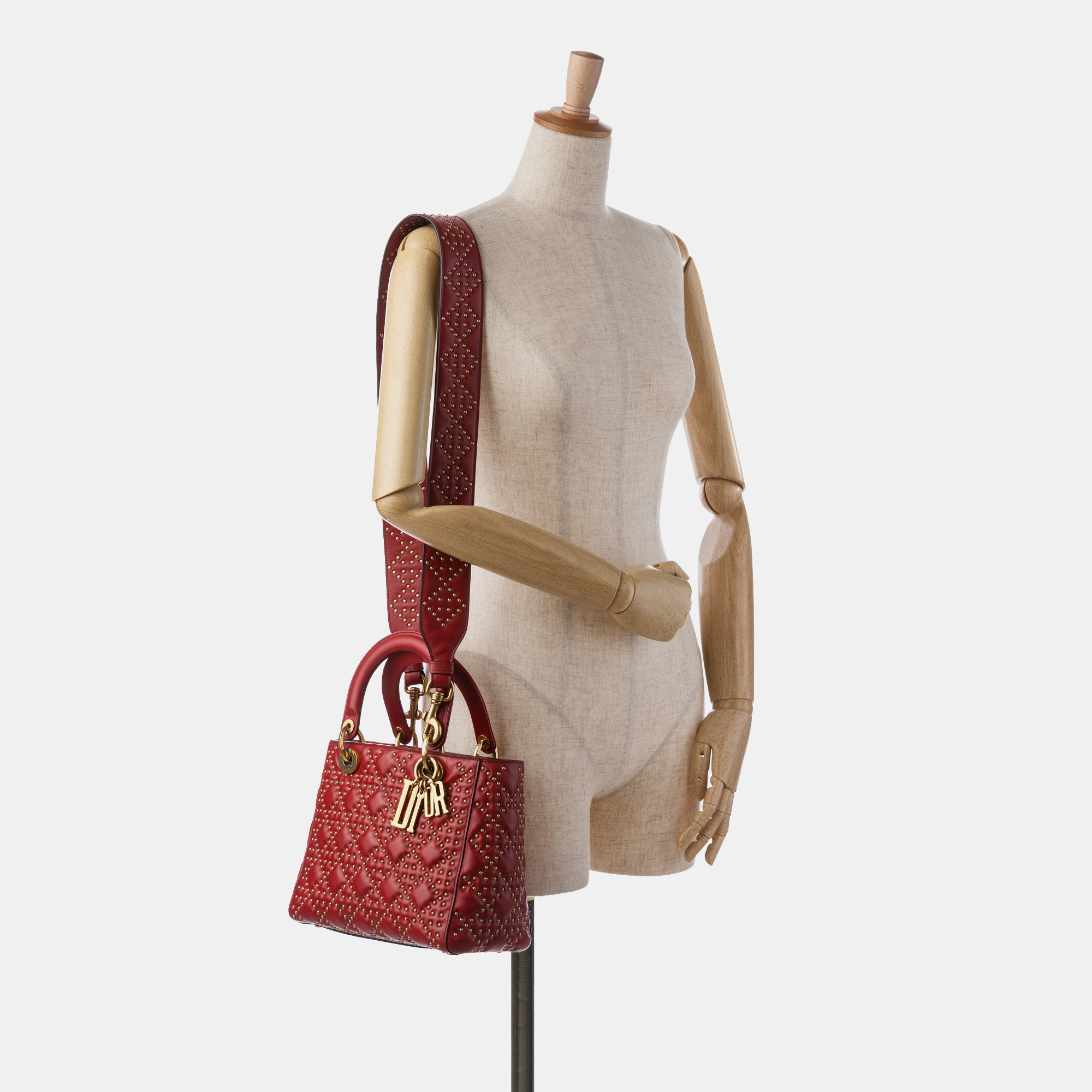 Dior Red Medium Lambskin Cannage Studded Supple Lady Dior 