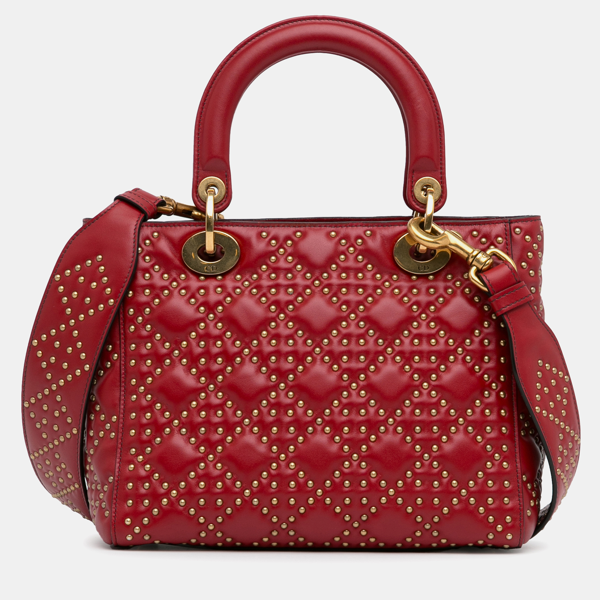 Dior Red Medium Lambskin Cannage Studded Supple Lady Dior 