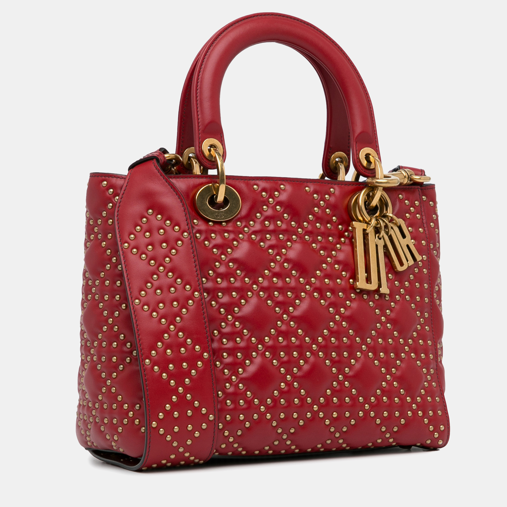 Dior Red Medium Lambskin Cannage Studded Supple Lady Dior 