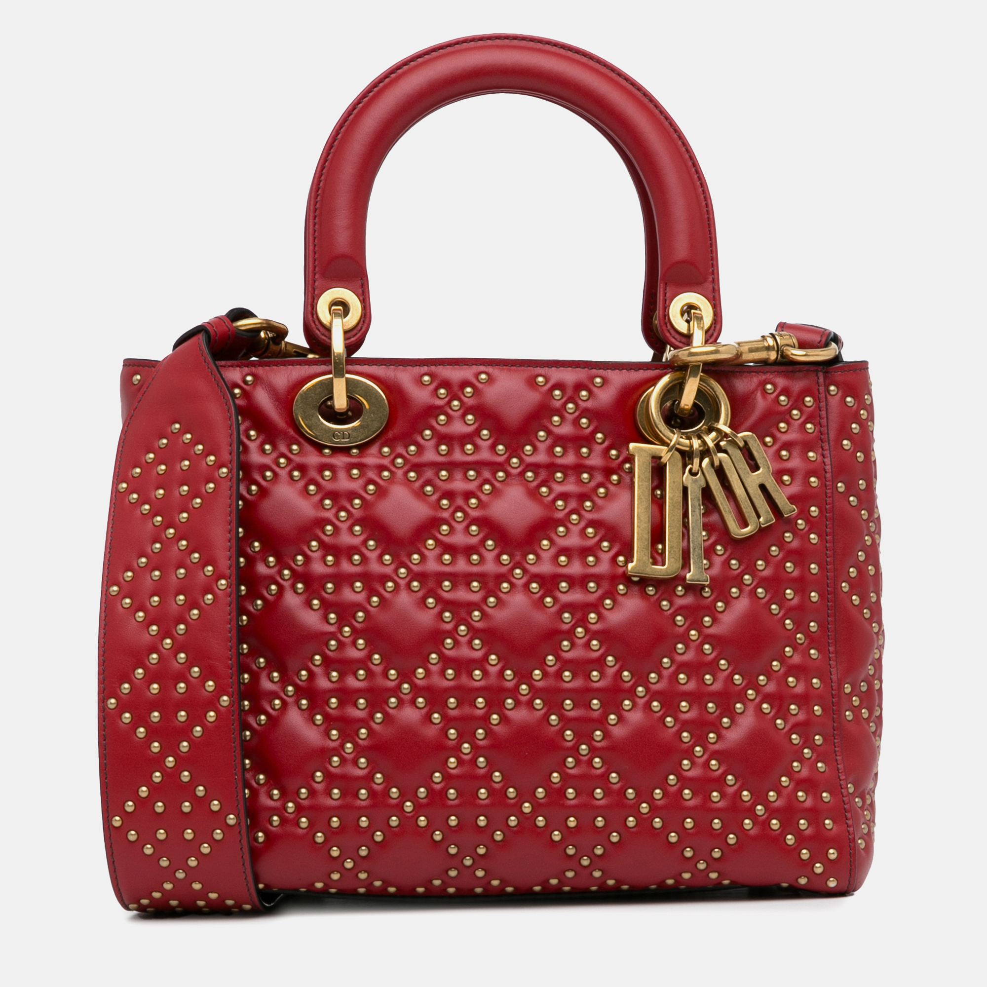 

Dior Red Medium Lambskin Cannage Studded Supple Lady Dior