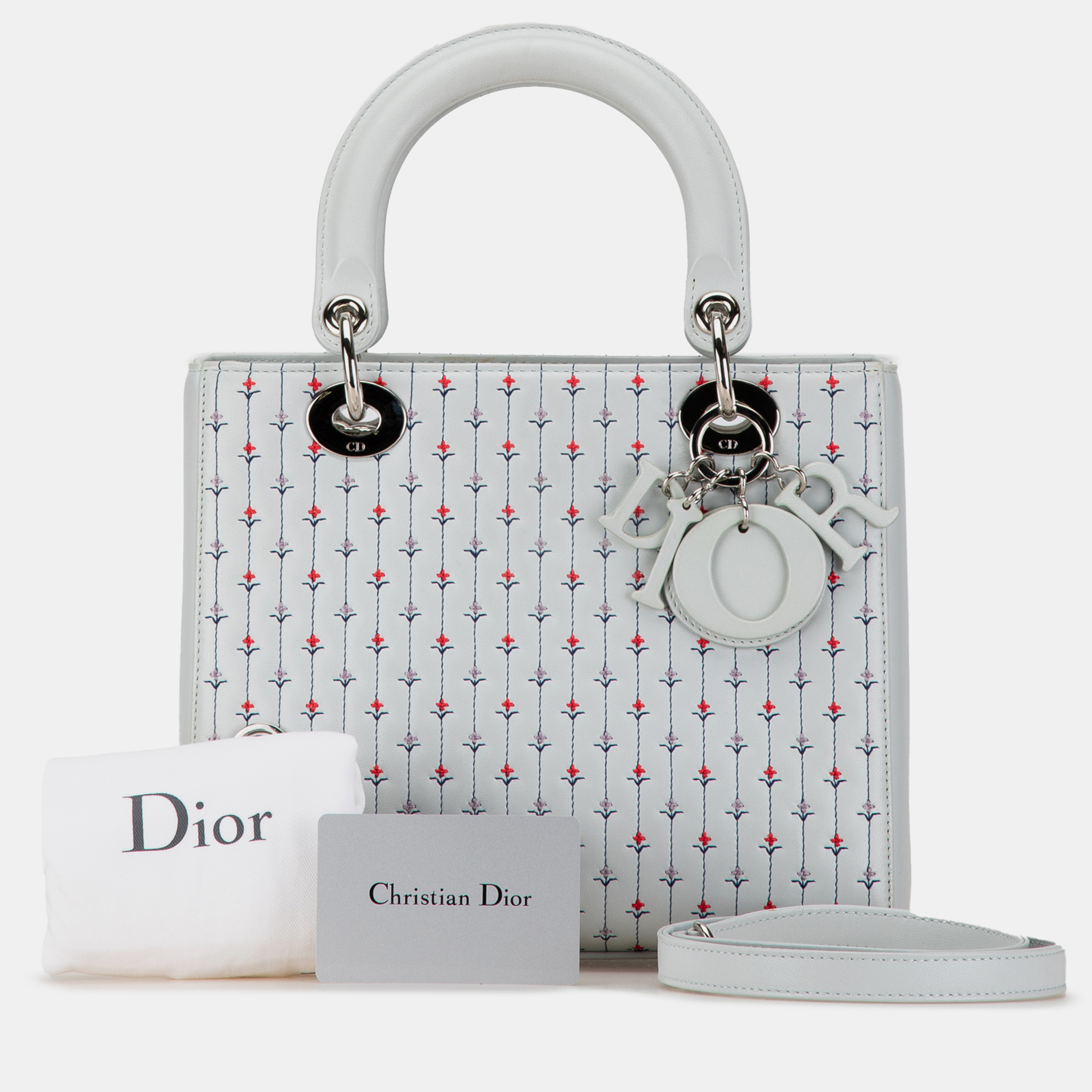 Dior White Medium Calfskin Embroidered Flower Lady Dior 