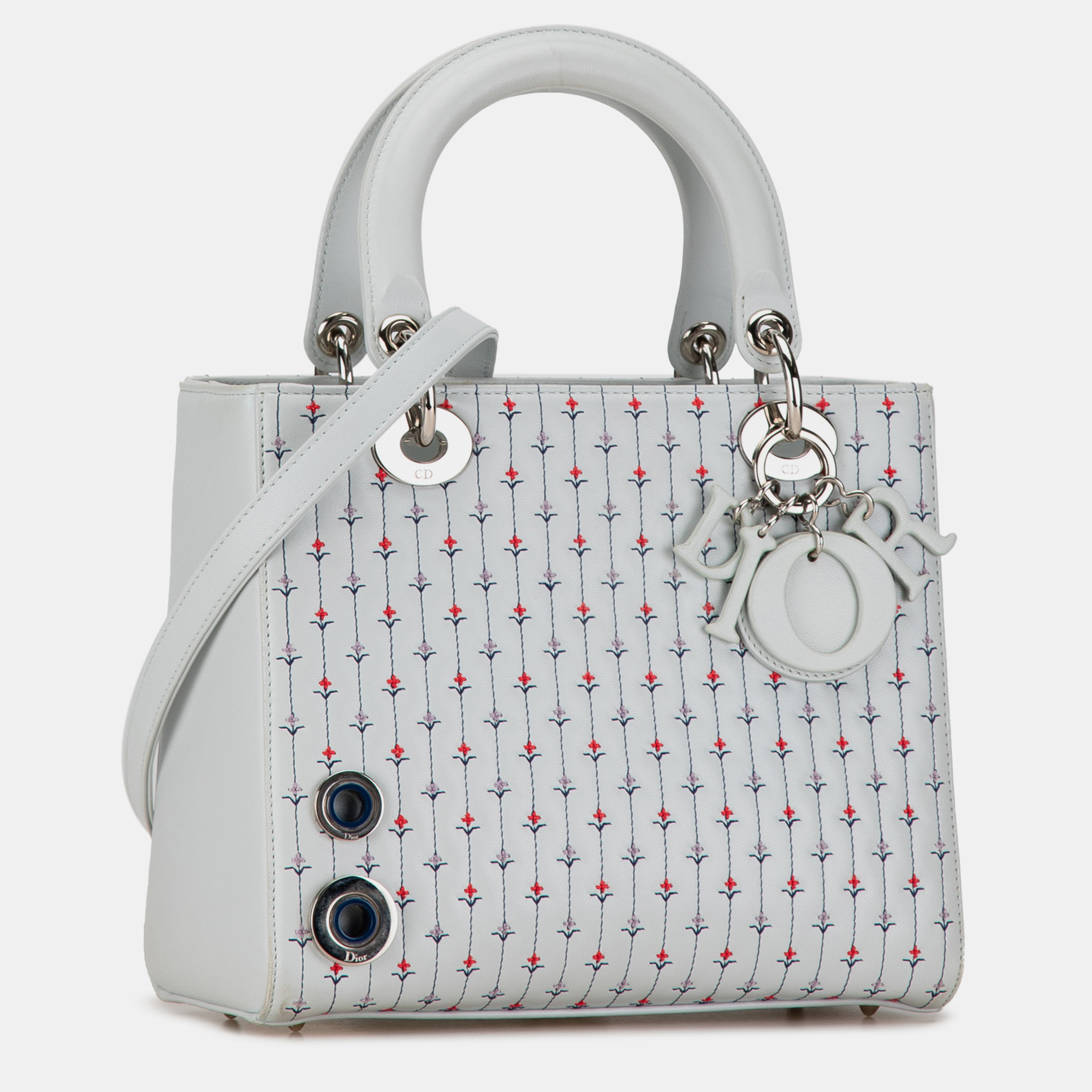 Dior White Medium Calfskin Embroidered Flower Lady Dior 