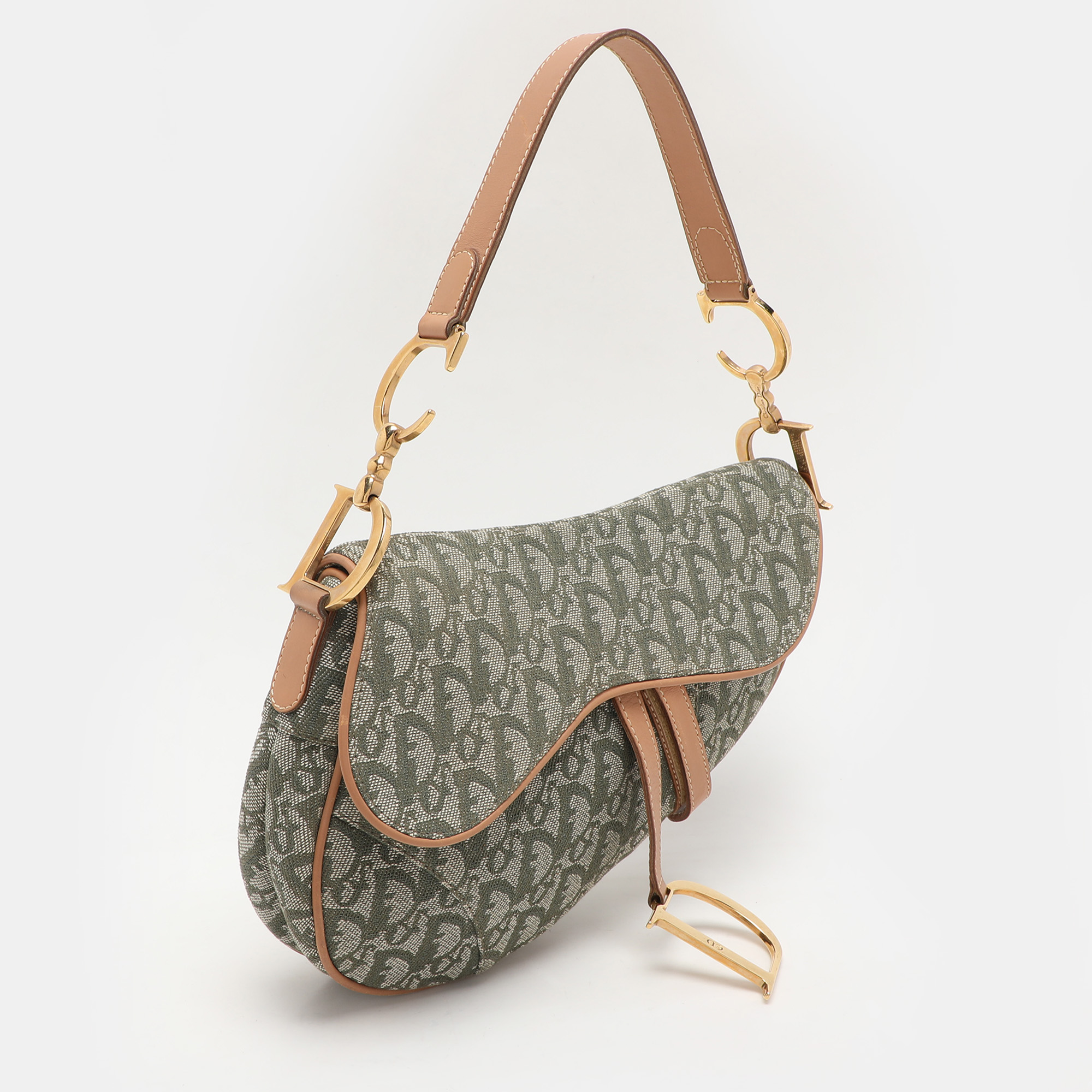 Dior Green/Tan Oblique Canvas Saddle Bag 