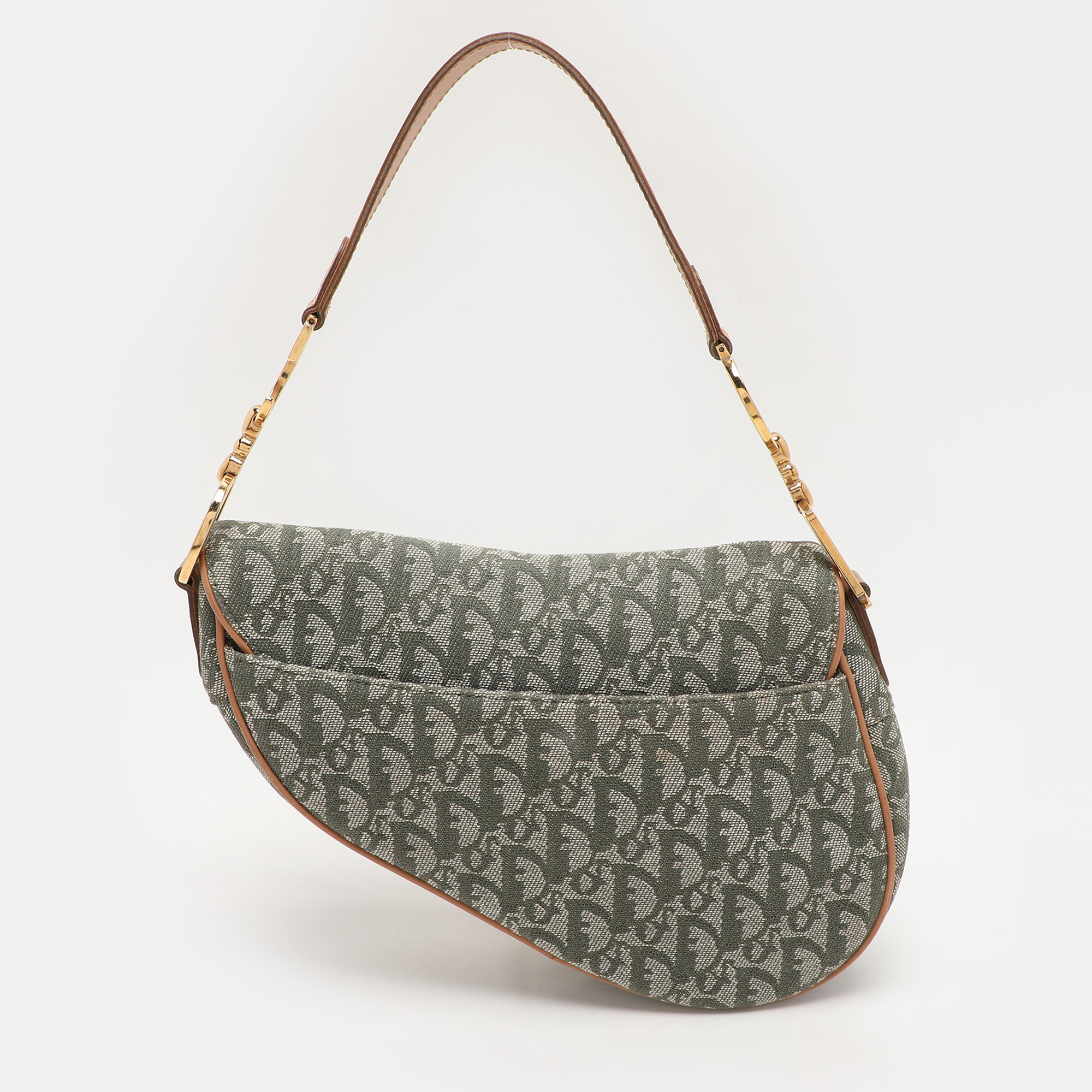 Dior Green/Tan Oblique Canvas Saddle Bag 