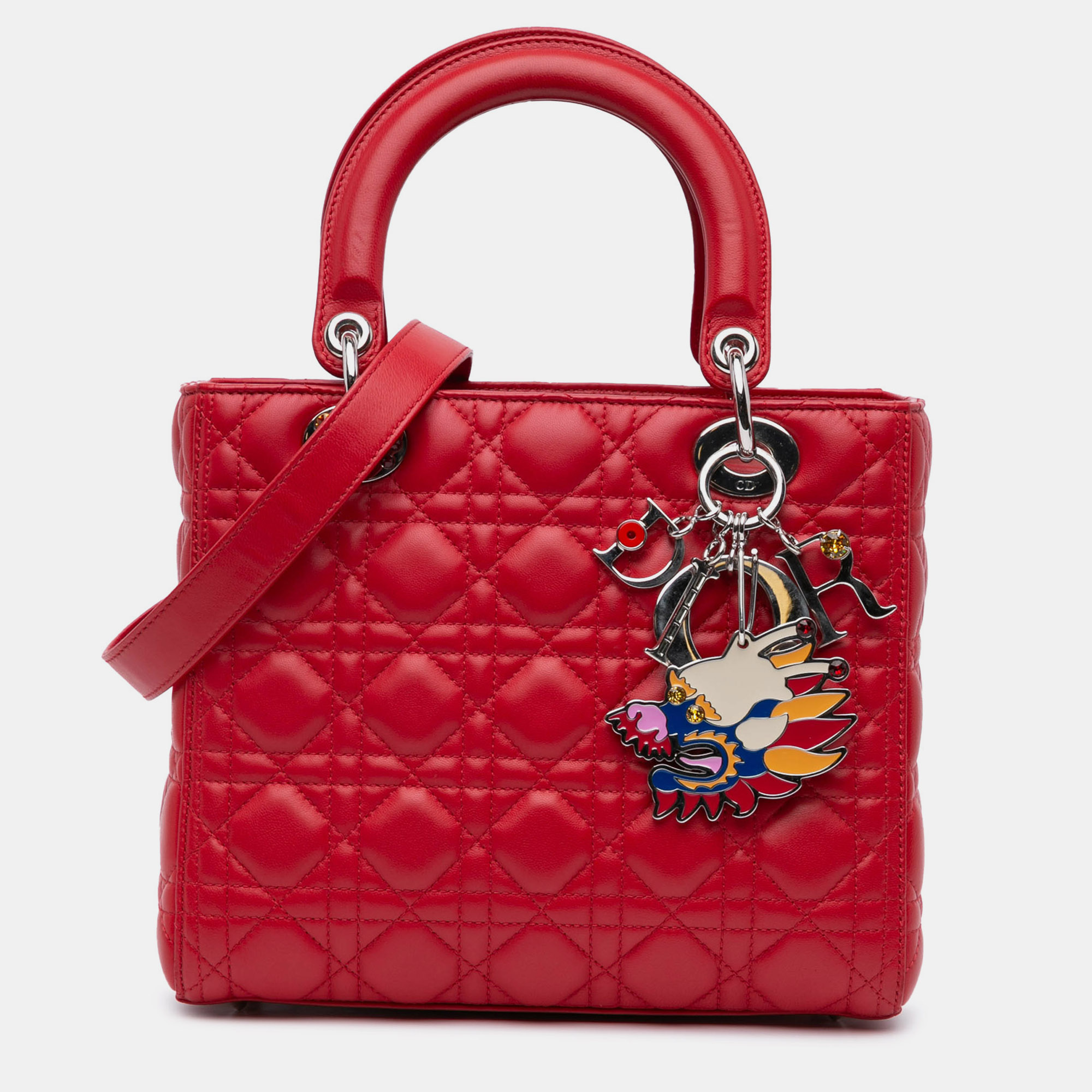 

Dior Red Limited Edition Medium Lambskin Cannage Swarovski Dragon Head Lady Dior