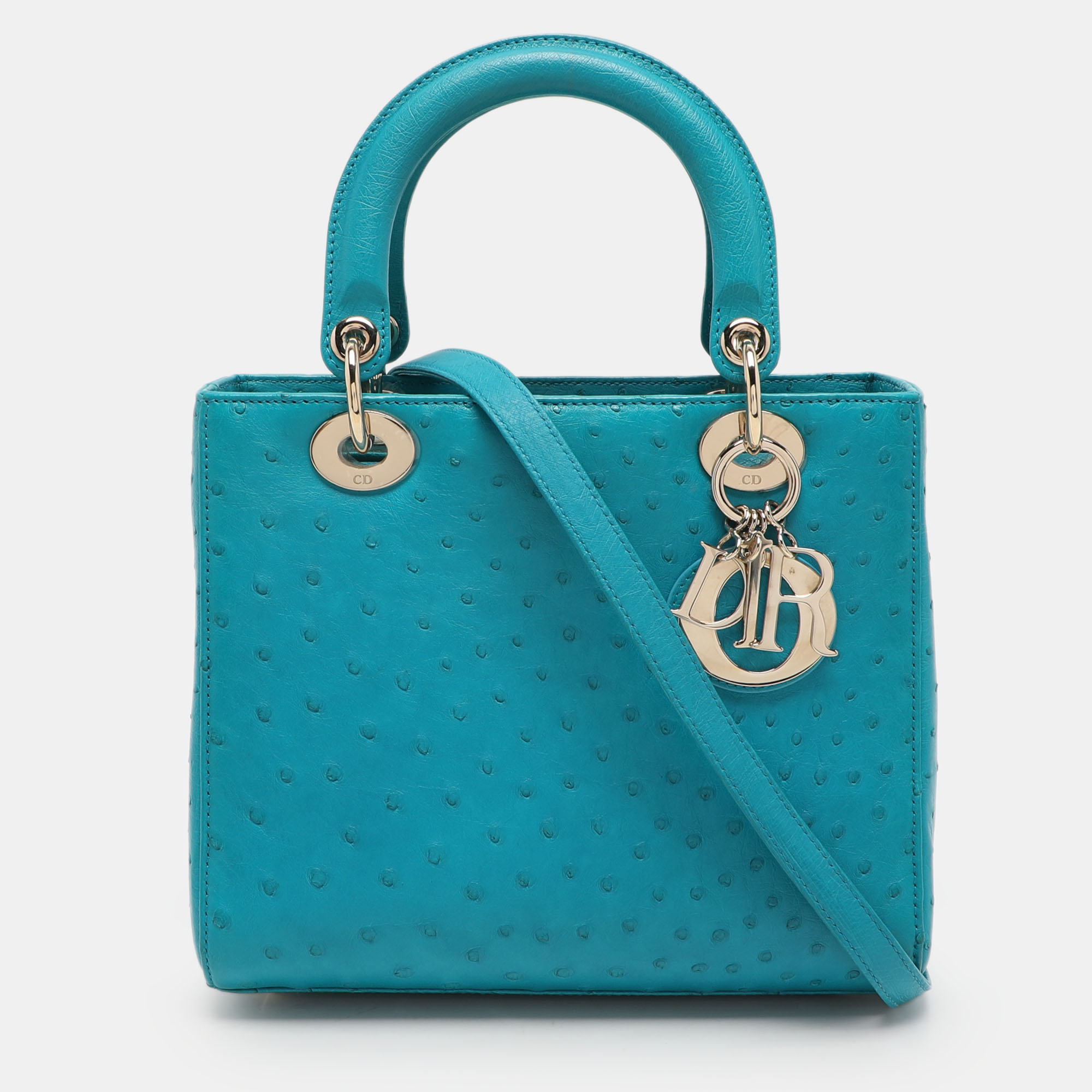 

Dior Turquoise Ostrich Leather  Lady Dior Tote, Blue