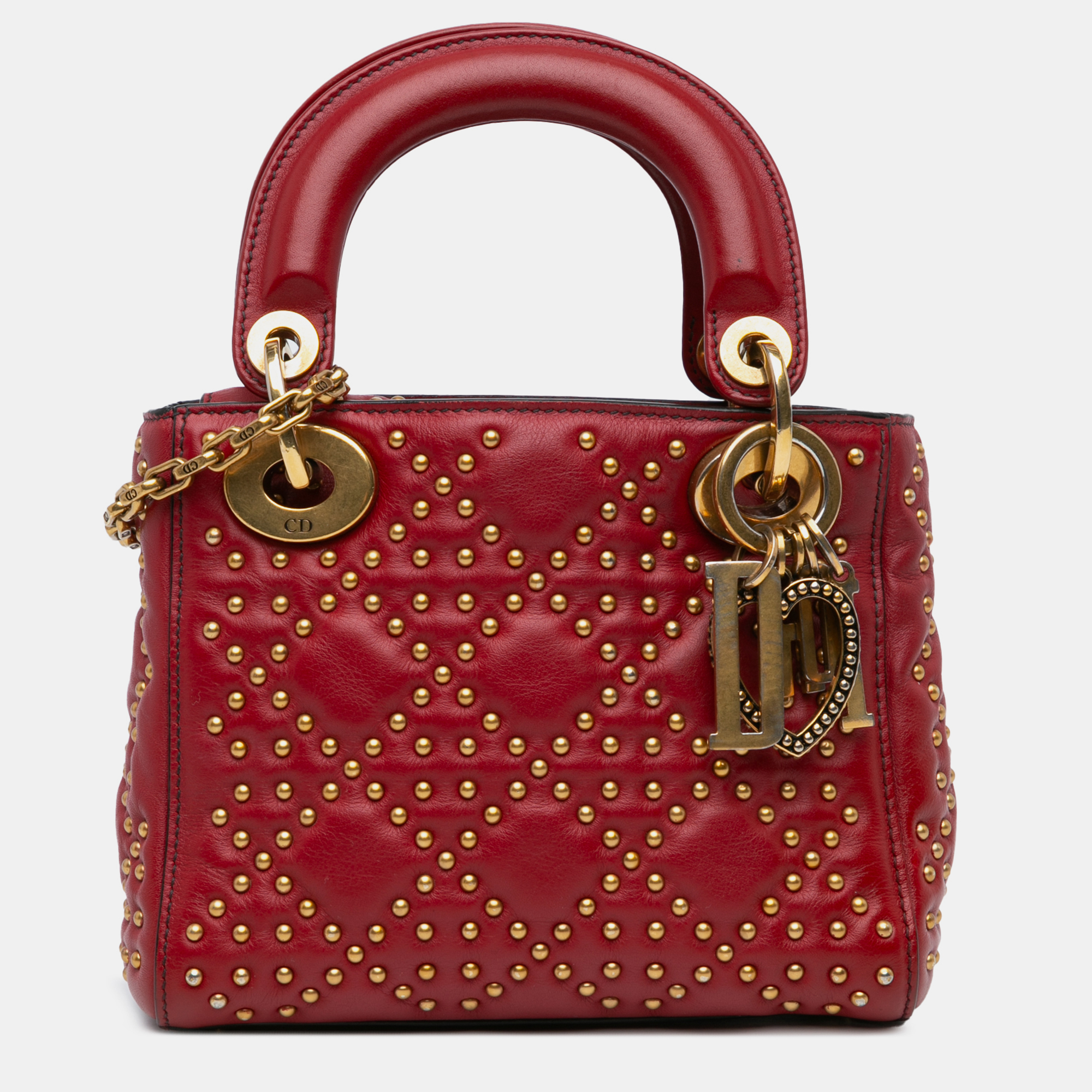 

Dior Red Mini Lambskin Cannage Studded Supple Lady Dior Bag