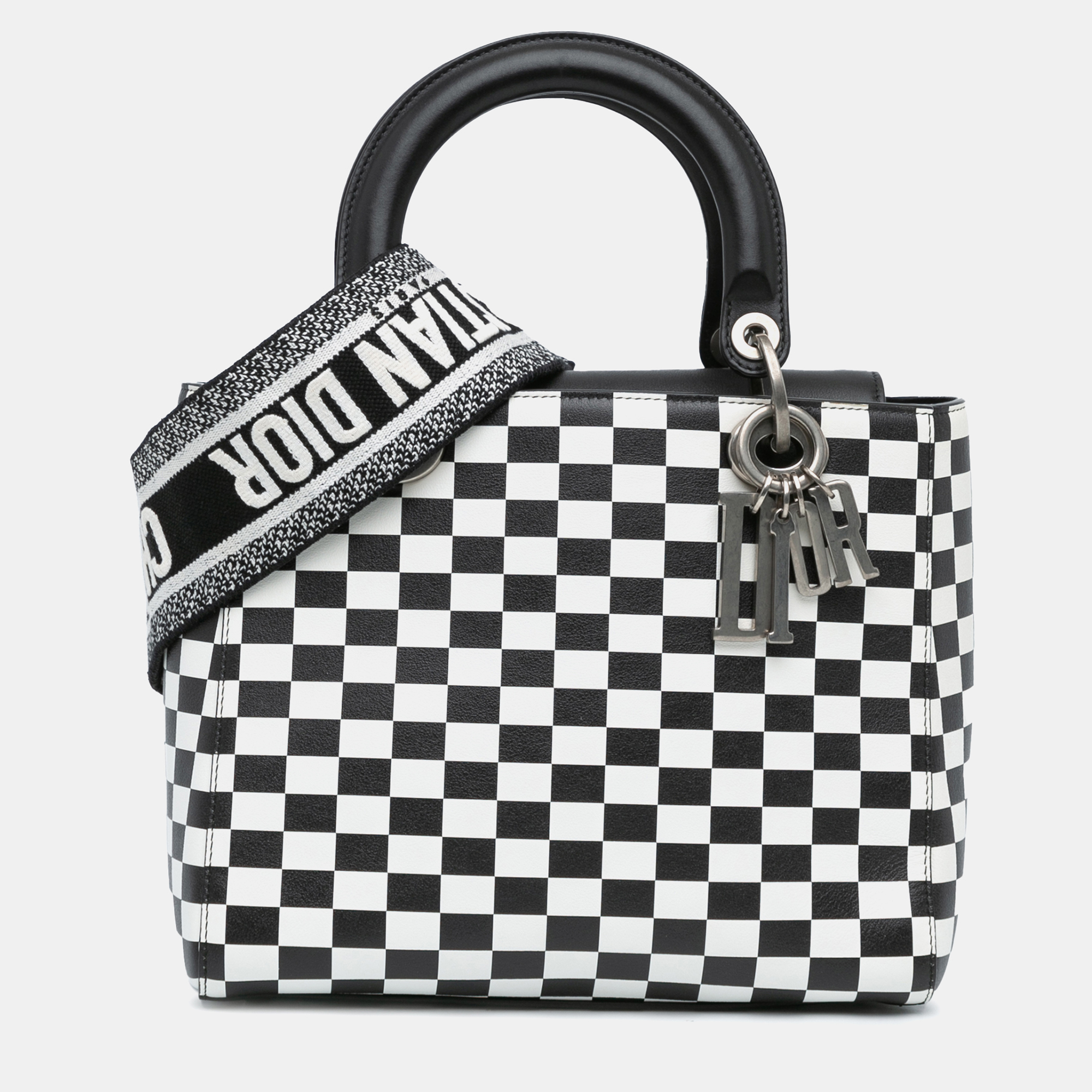 

Dior Black White Leather Medium Checkered Lady Dior Tote Bag