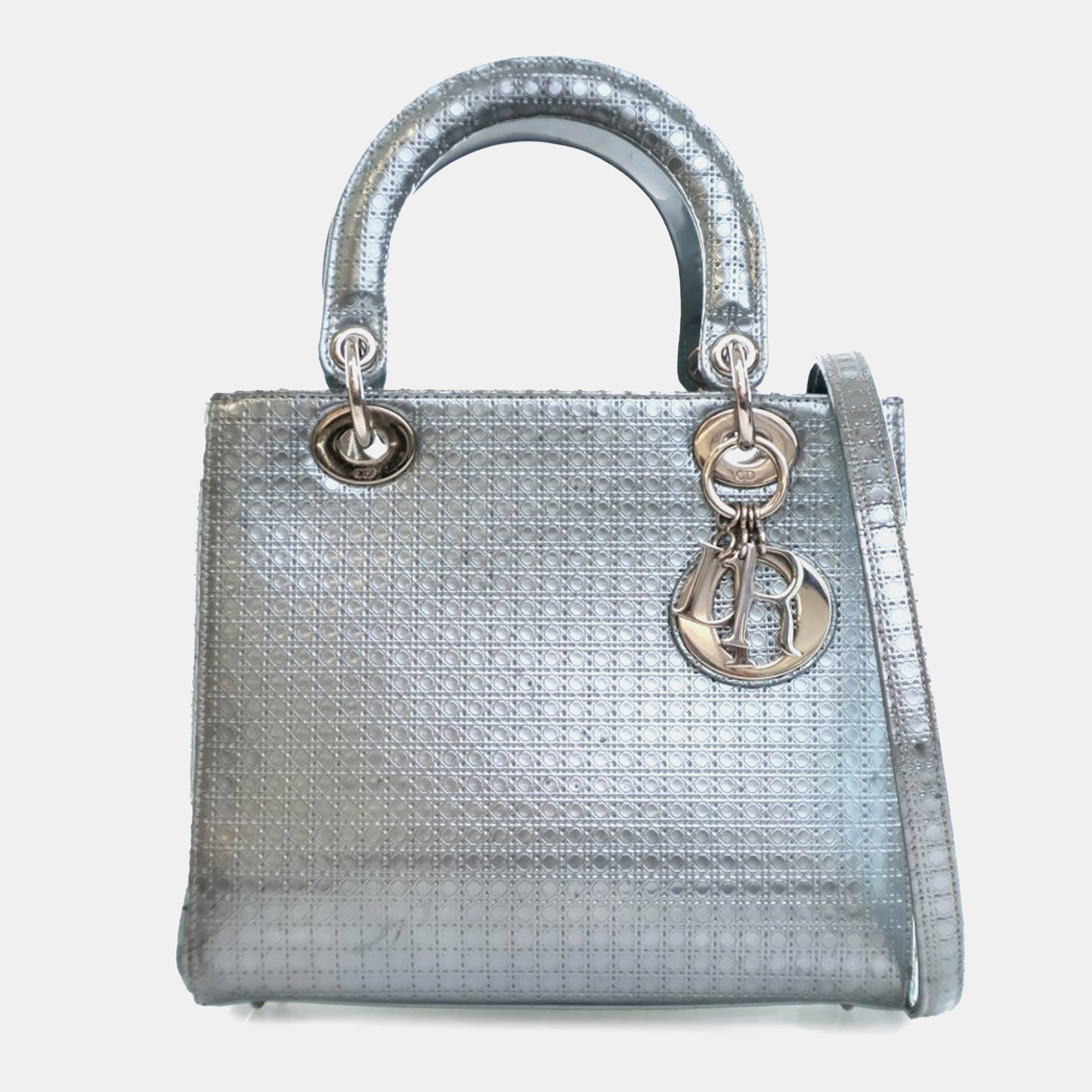 

Dior Silver Medium Patent Microcannage Lady Dior