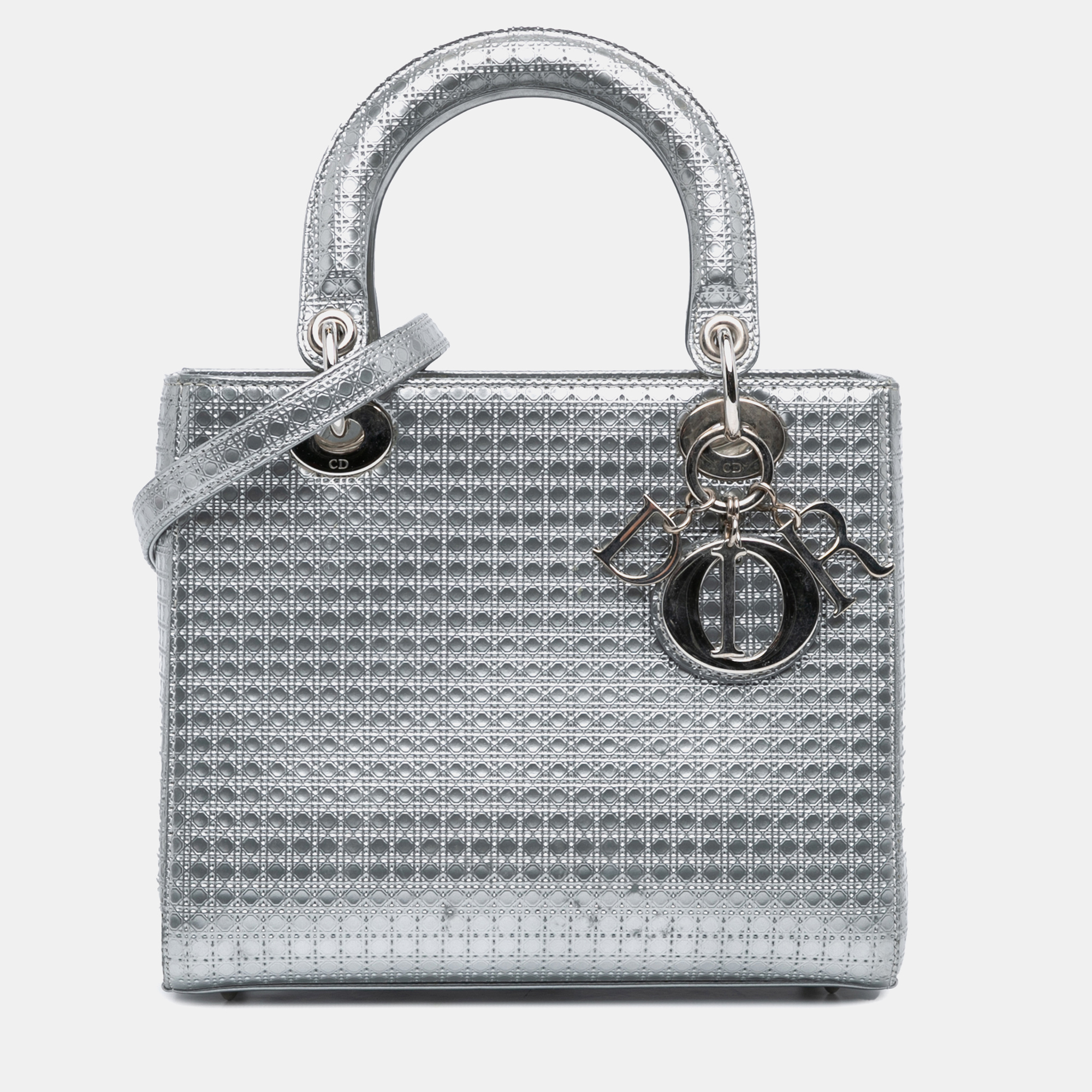 

Dior Silver Medium Patent Microcannage Lady Dior Bag