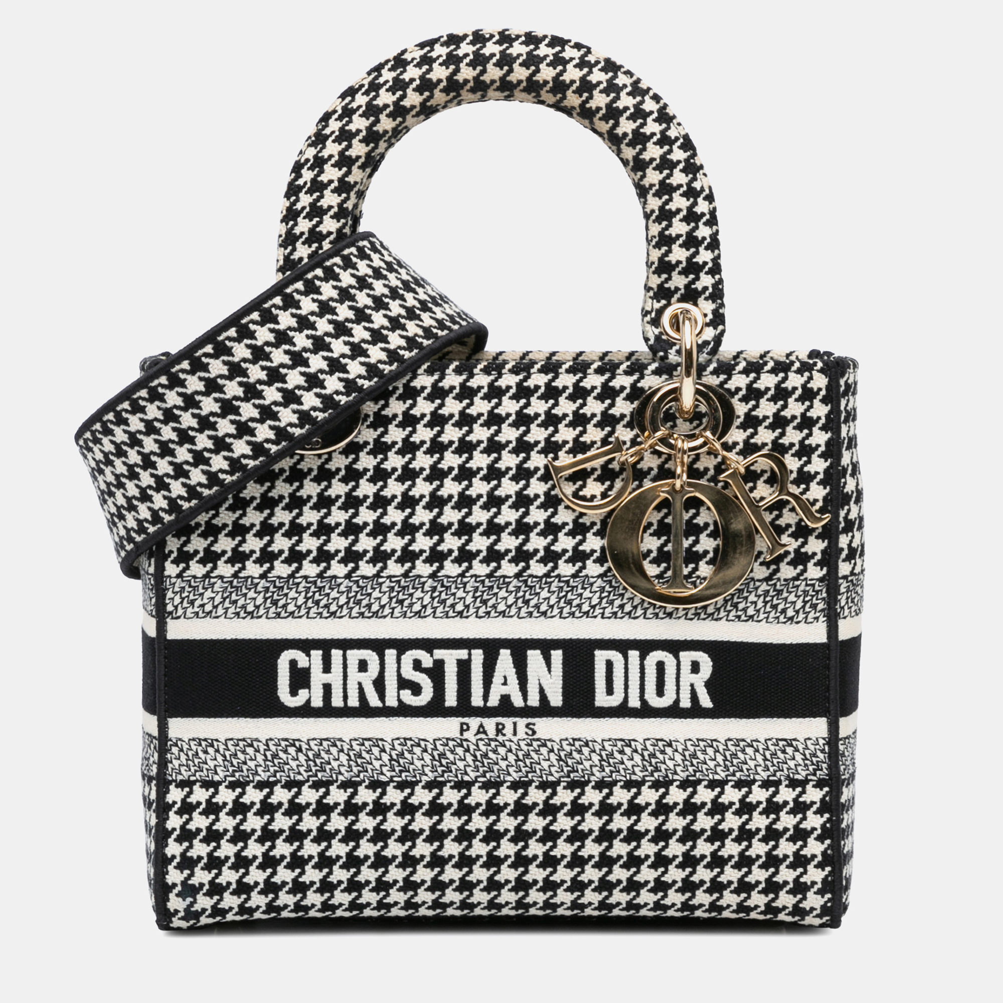 

Dior Black Medium Canvas Houndstooth Embroidered Lady D Lite Tote Bag