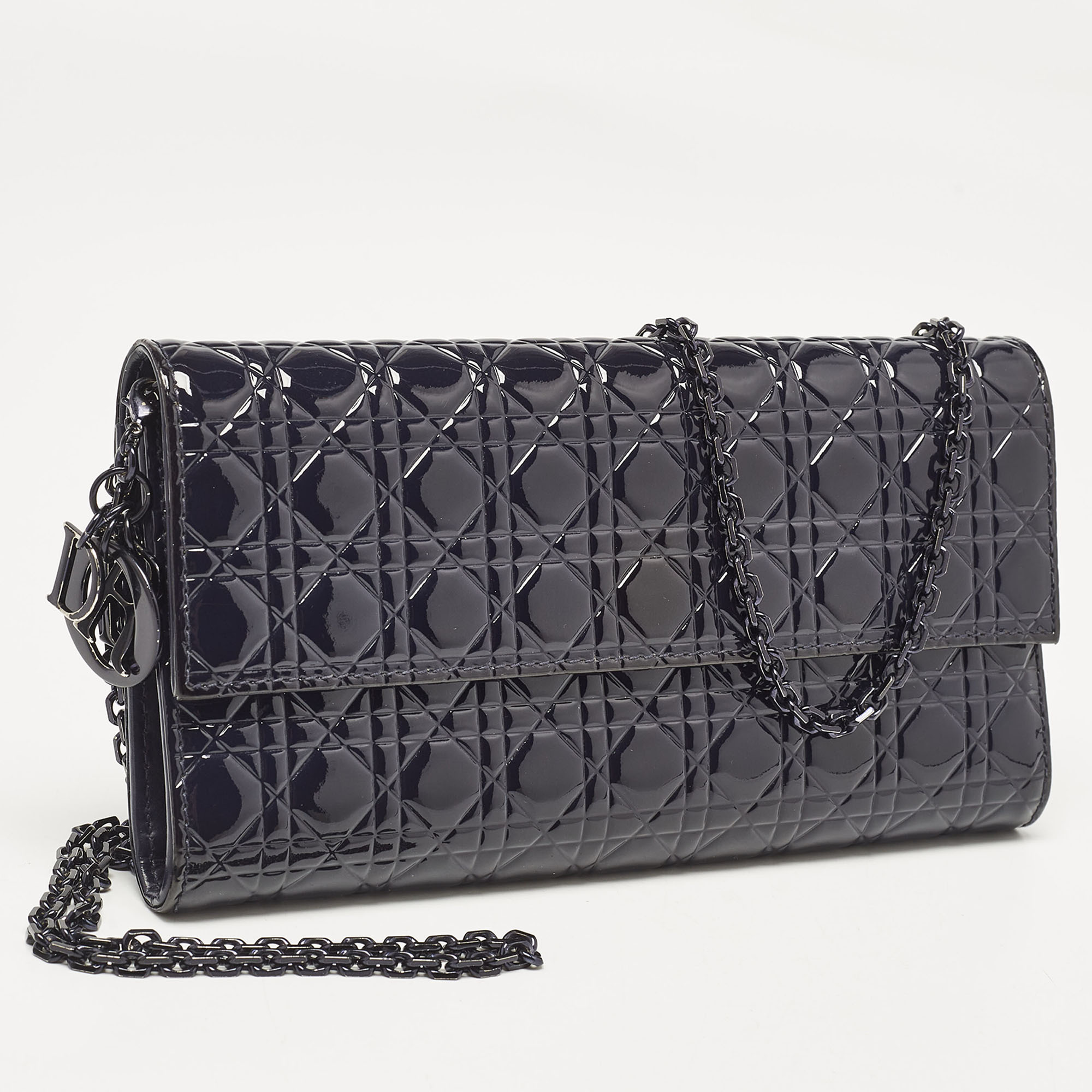 Dior Navy Blue Micro Cannage Patent Leather Lady Dior Chain Clutch 