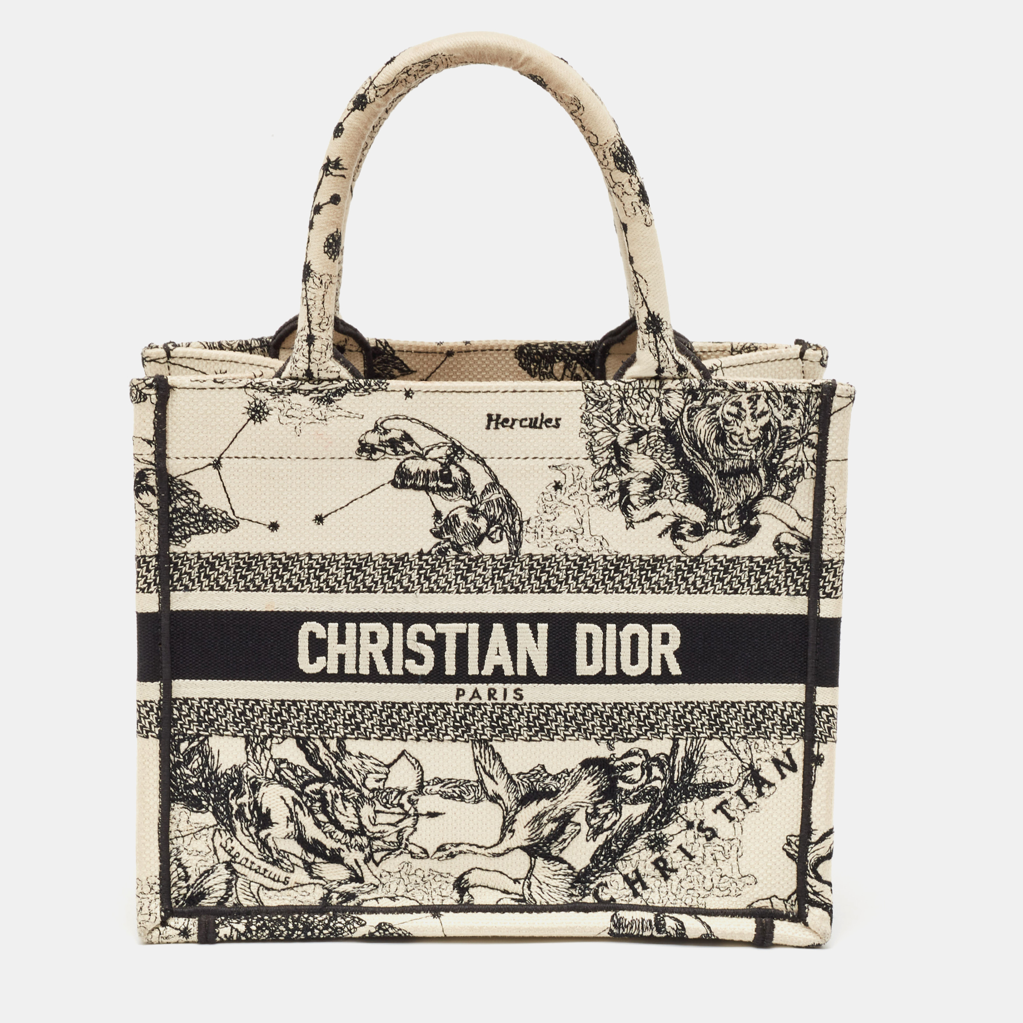 

Dior White/Black Canvas Zodiac Embroidery Hercules Small Book Tote