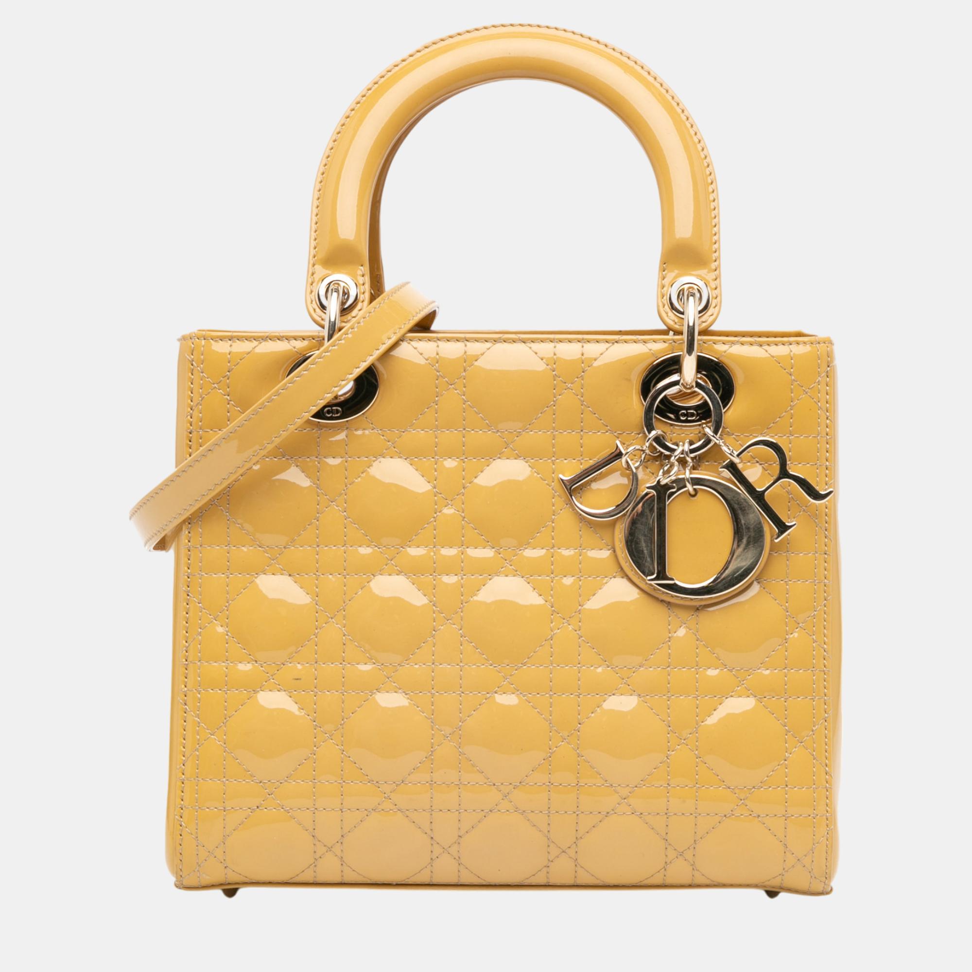 

Dior Yellow Medium Patent Cannage Stitched Lady Dior