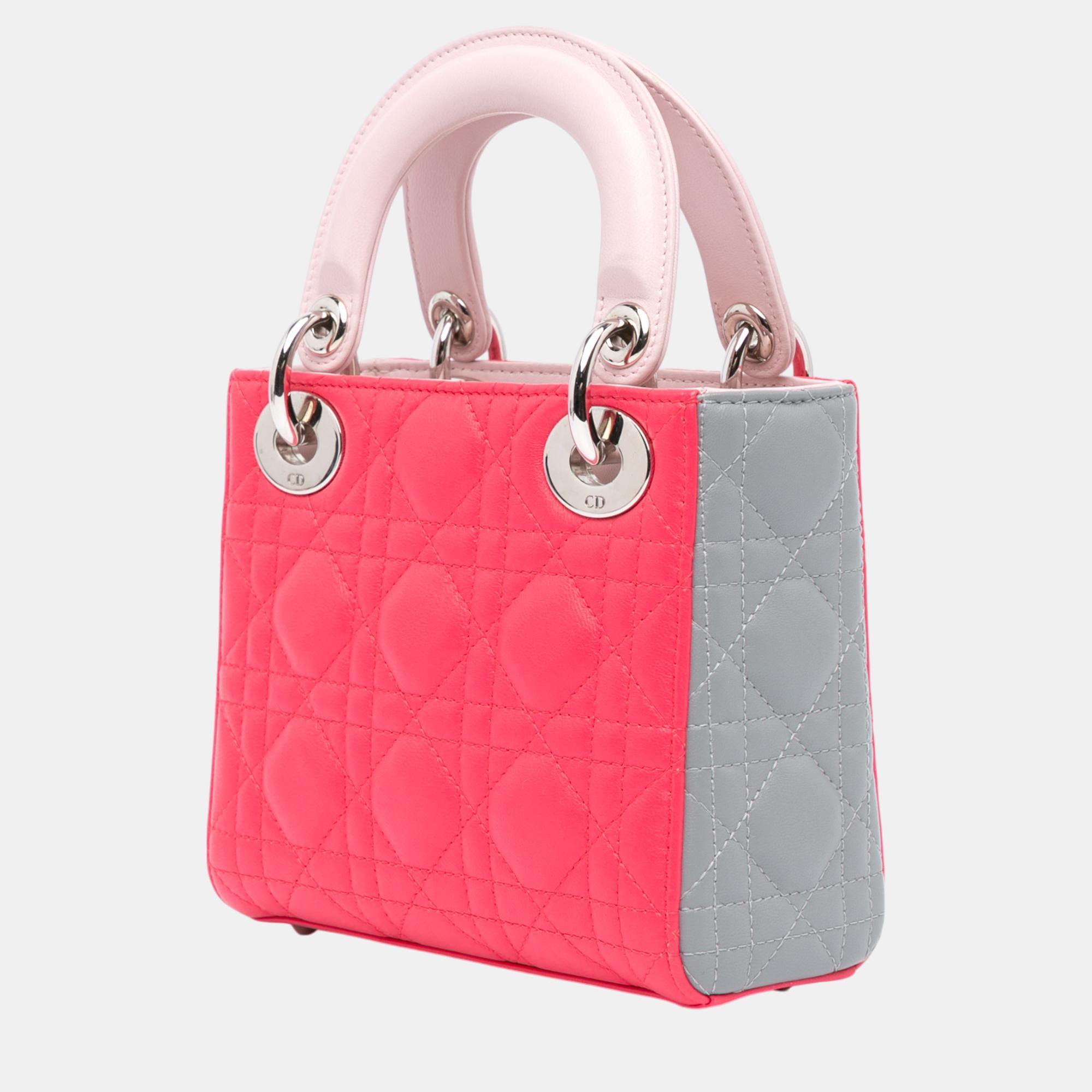 Dior Grey Pink Mini Tricolor Lambskin Cannage Lady Dior 