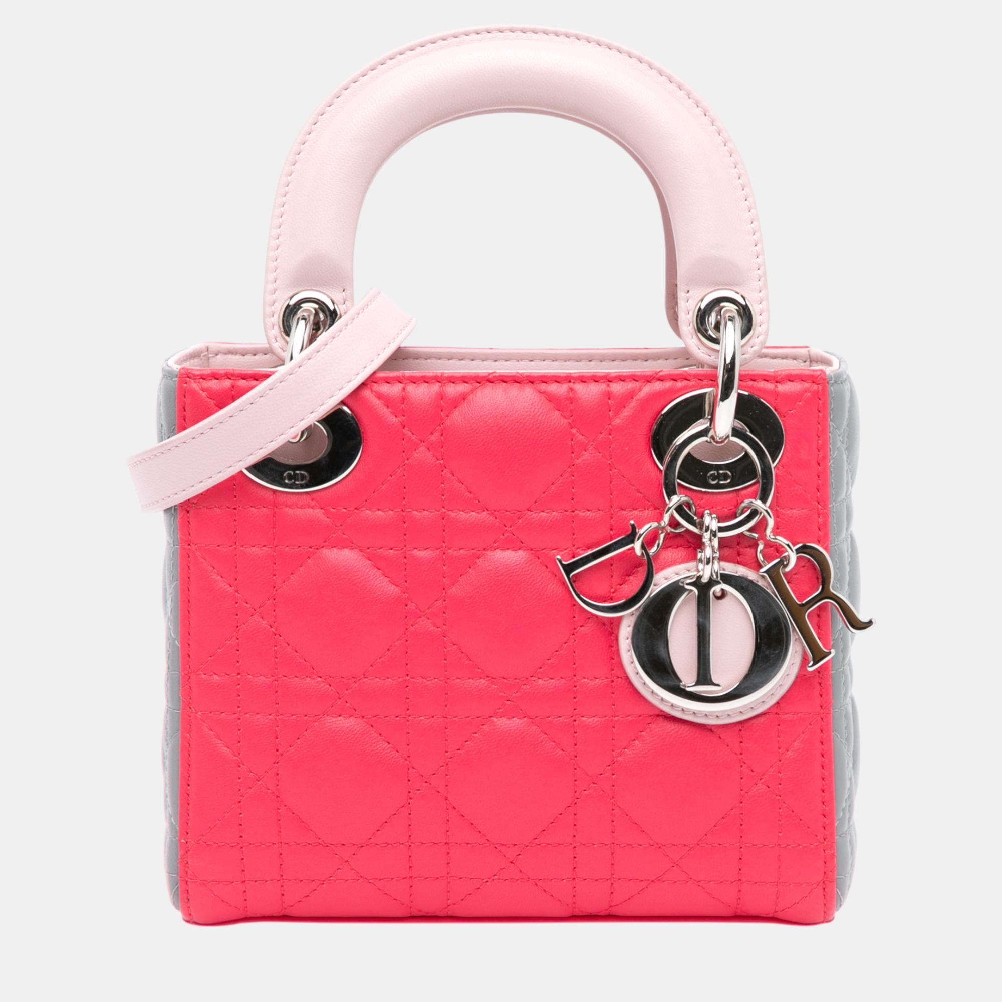 

Dior Grey Pink Mini Tricolor Lambskin Cannage Lady Dior