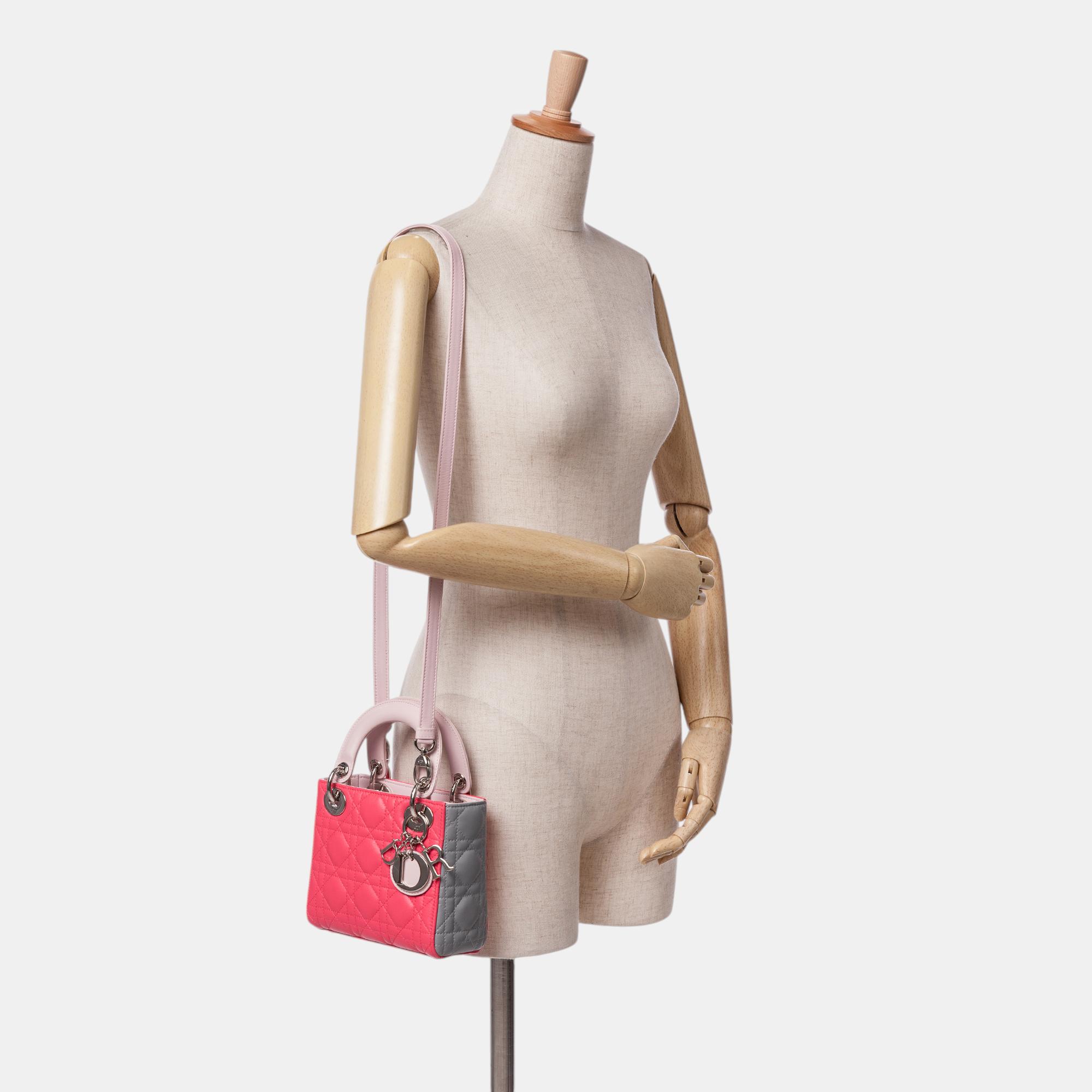 Dior Grey Pink Mini Tricolor Lambskin Cannage Lady Dior 
