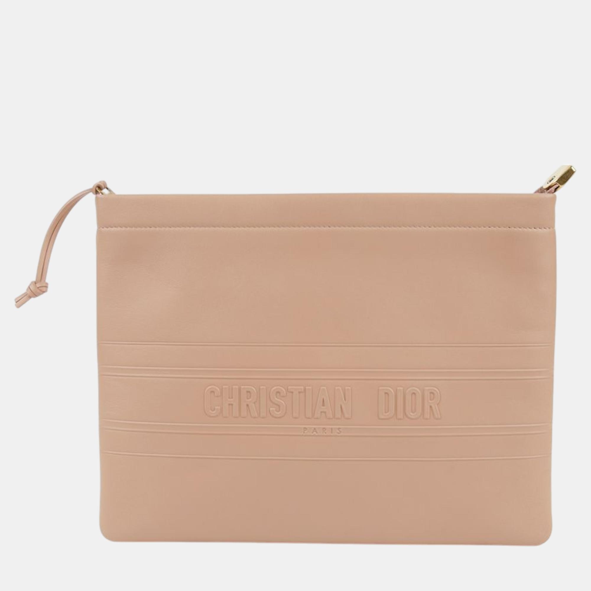 

Dior Pink Calfskin Stripe Embossed Logo Clutch Bag