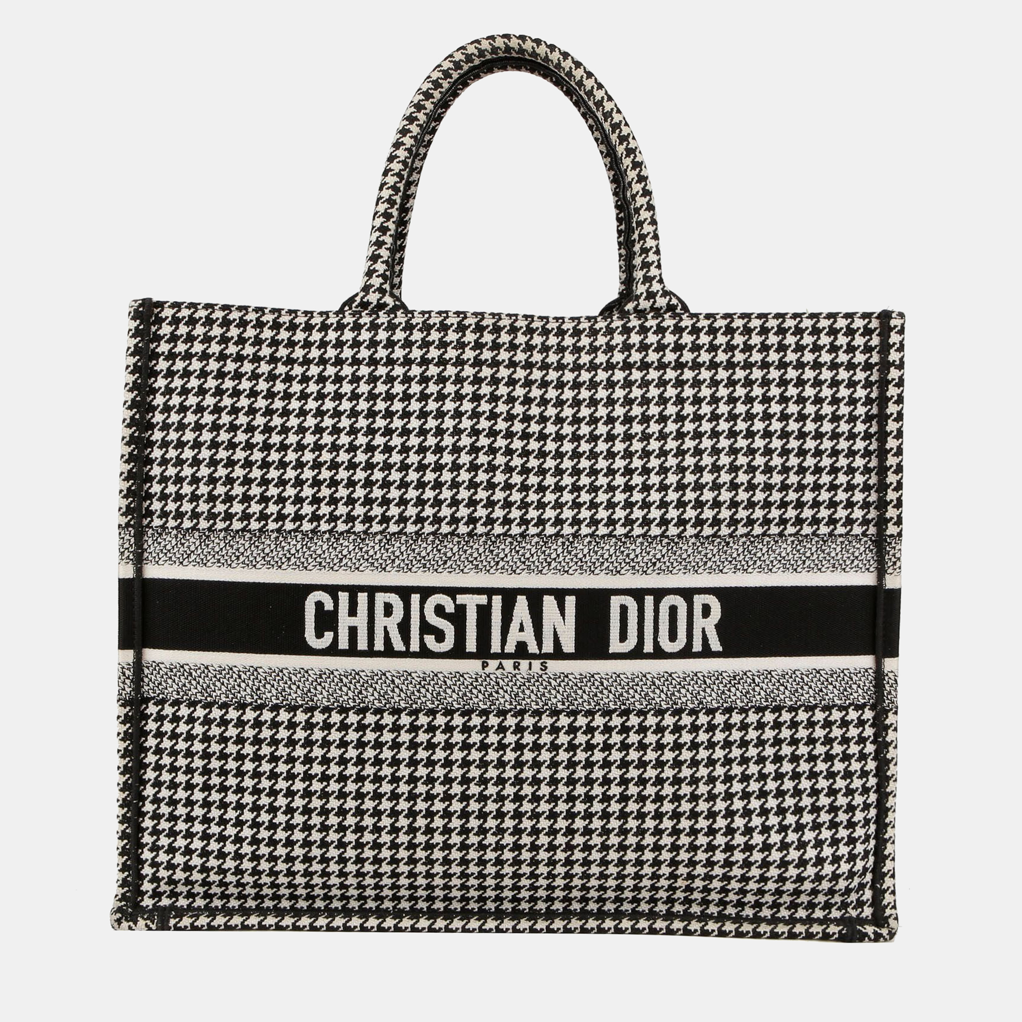 

Dior Black/White Houndstooth Embroidery Large Book Tote