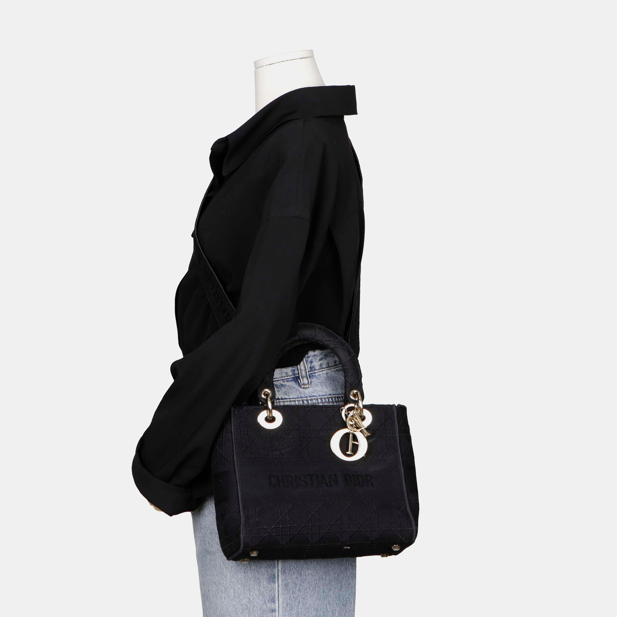 Dior Medium Black Cannage Embroidery Lady D-LITE Tote And Shoulder Bag 