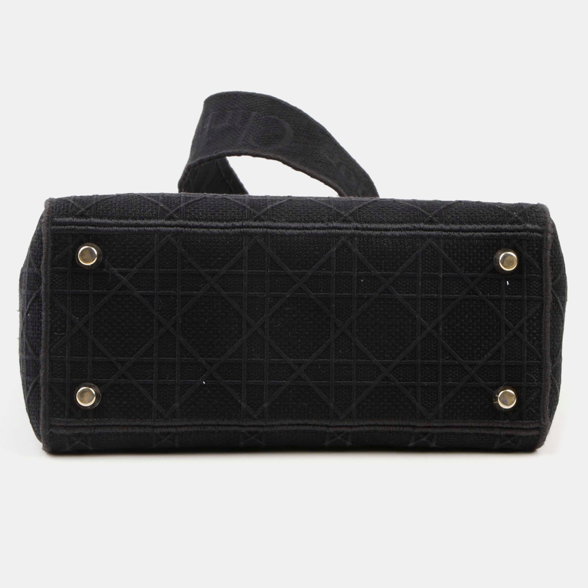 Dior Medium Black Cannage Embroidery Lady D-LITE Tote And Shoulder Bag 