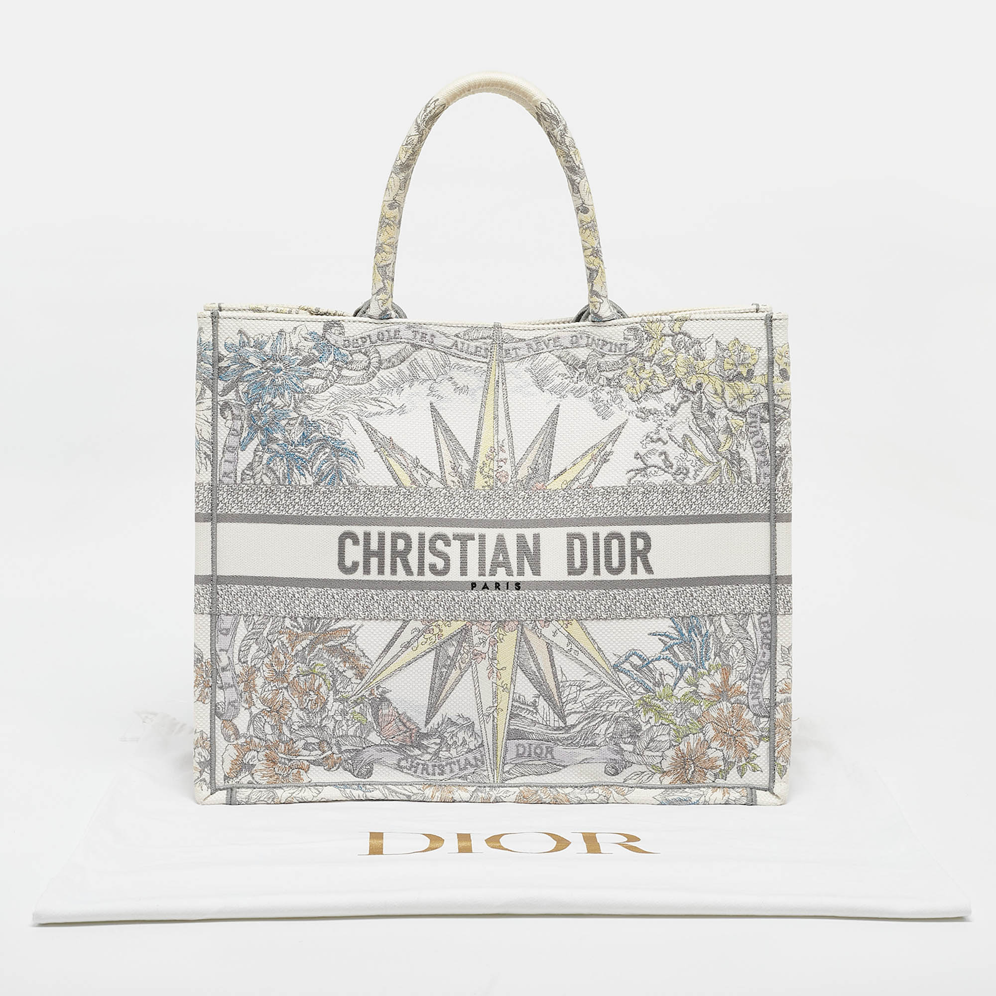Dior Grey/Multicolor Embroidered Canvas Lucky Star Large Book Tote 