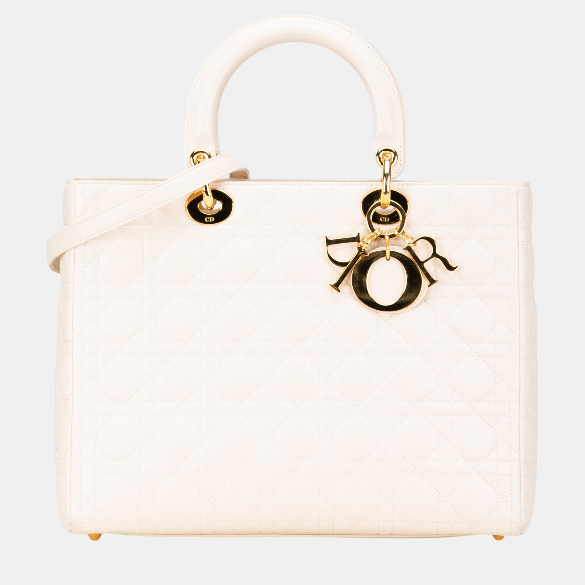 

Dior White Large Lambskin Cannage Lady Dior Tote