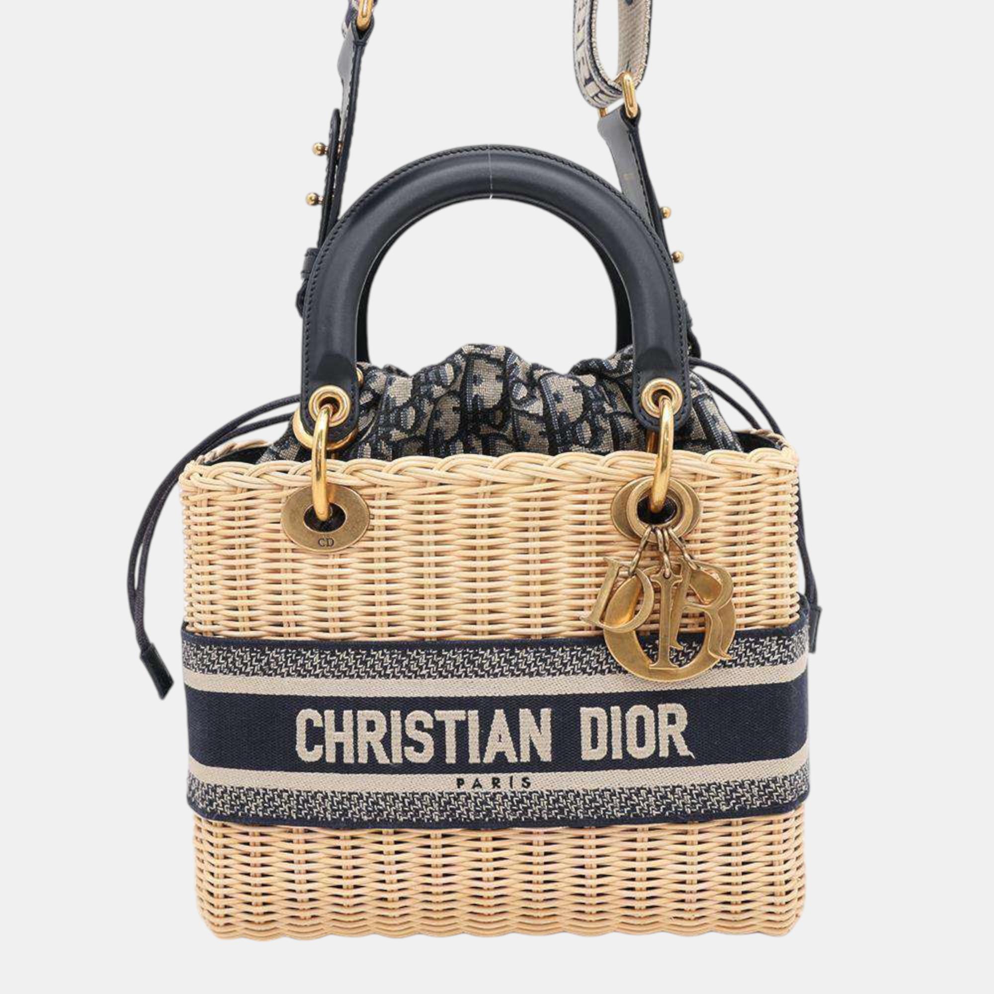 

Dior Natural/Navy Straw Canvas Medium Oblique Wicker Rattan Basket Bag, Beige