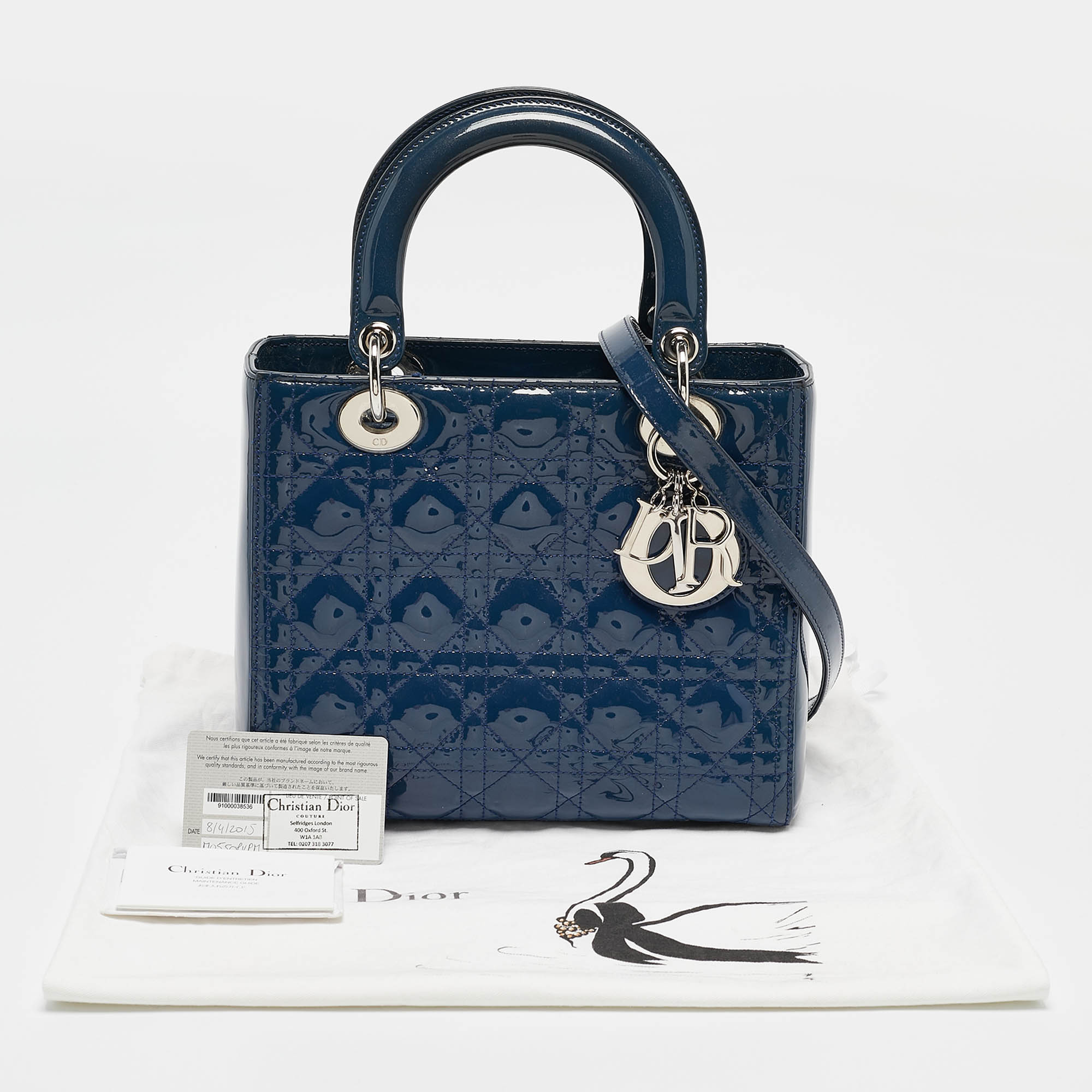 Dior Blue Cannage Patent Leather Medium Lady Dior Tote 