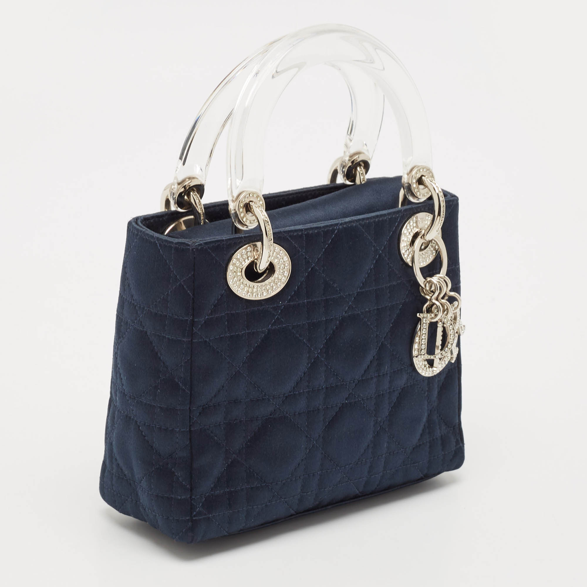 Dior Navy Blue Cannage Satin Mini Crystal Embellished Lady Dior Tote 