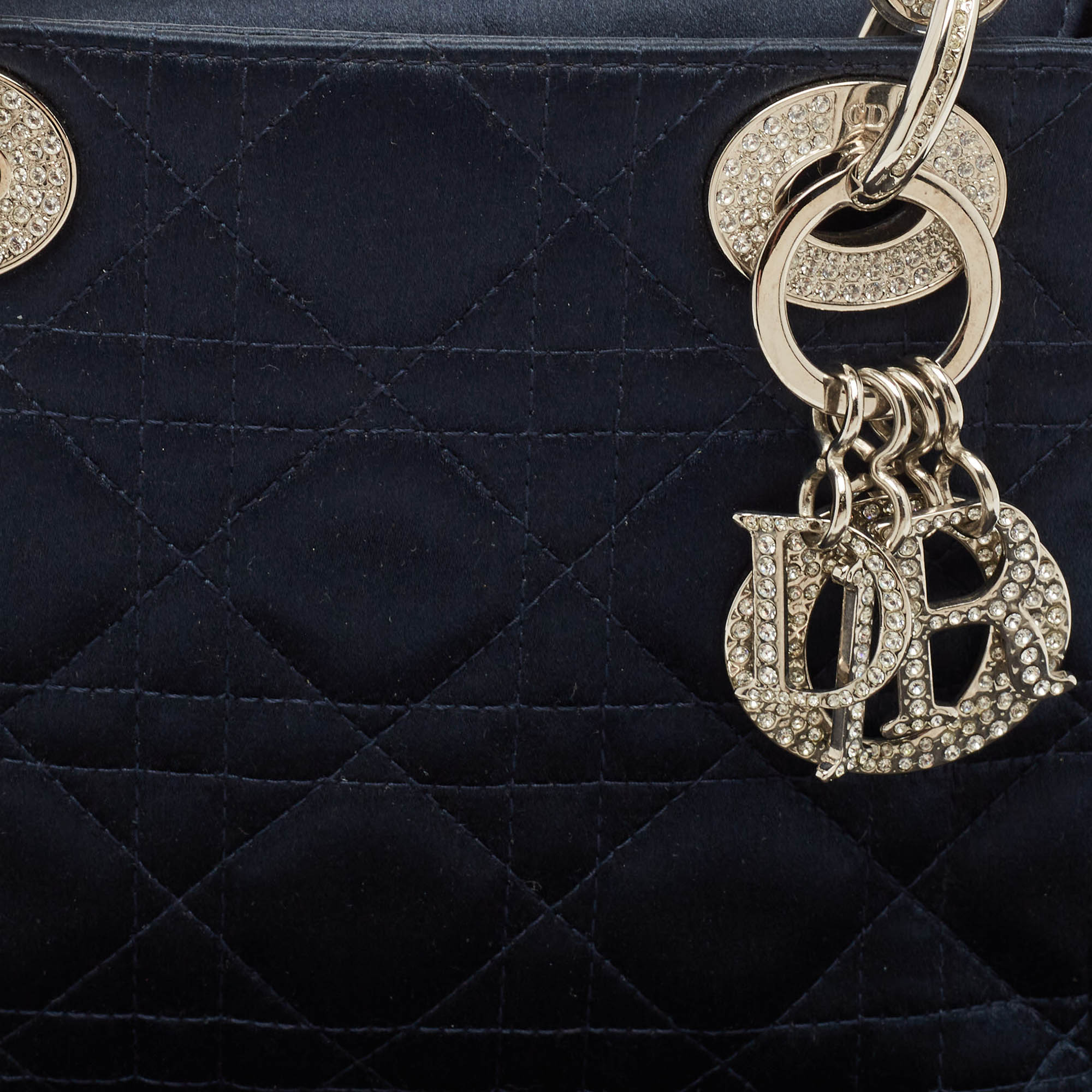 Dior Navy Blue Cannage Satin Mini Crystal Embellished Lady Dior Tote 
