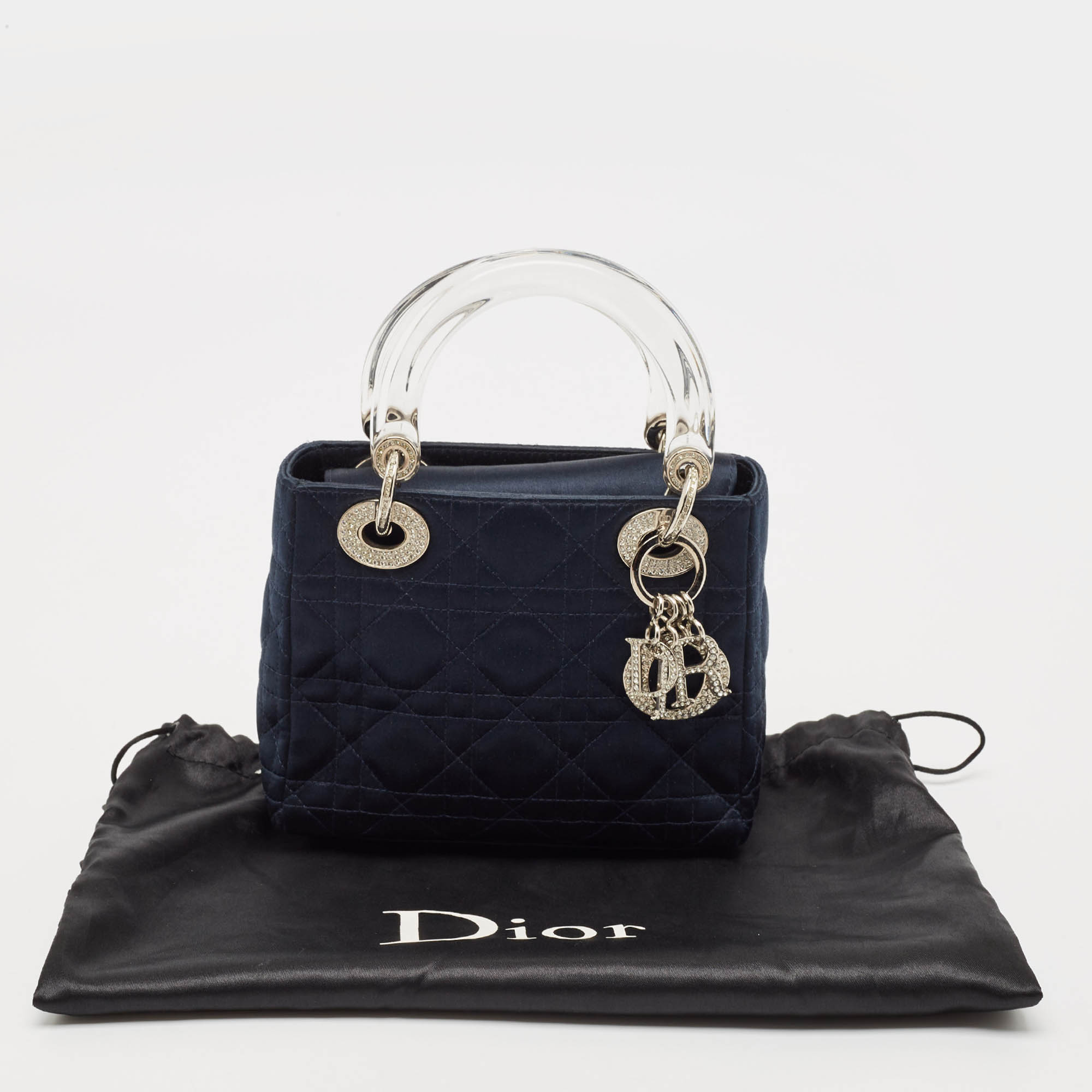 Dior Navy Blue Cannage Satin Mini Crystal Embellished Lady Dior Tote 