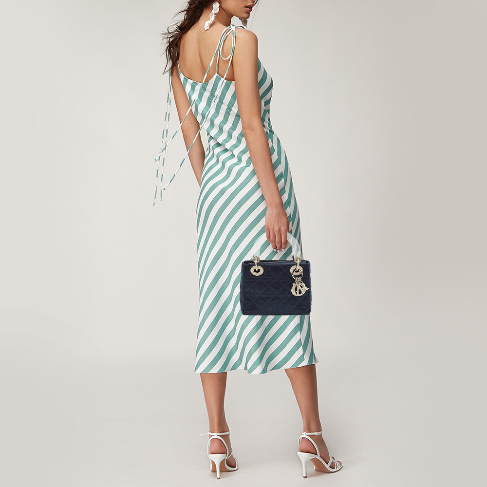 Dior Navy Blue Cannage Satin Mini Crystal Embellished Lady Dior Tote 