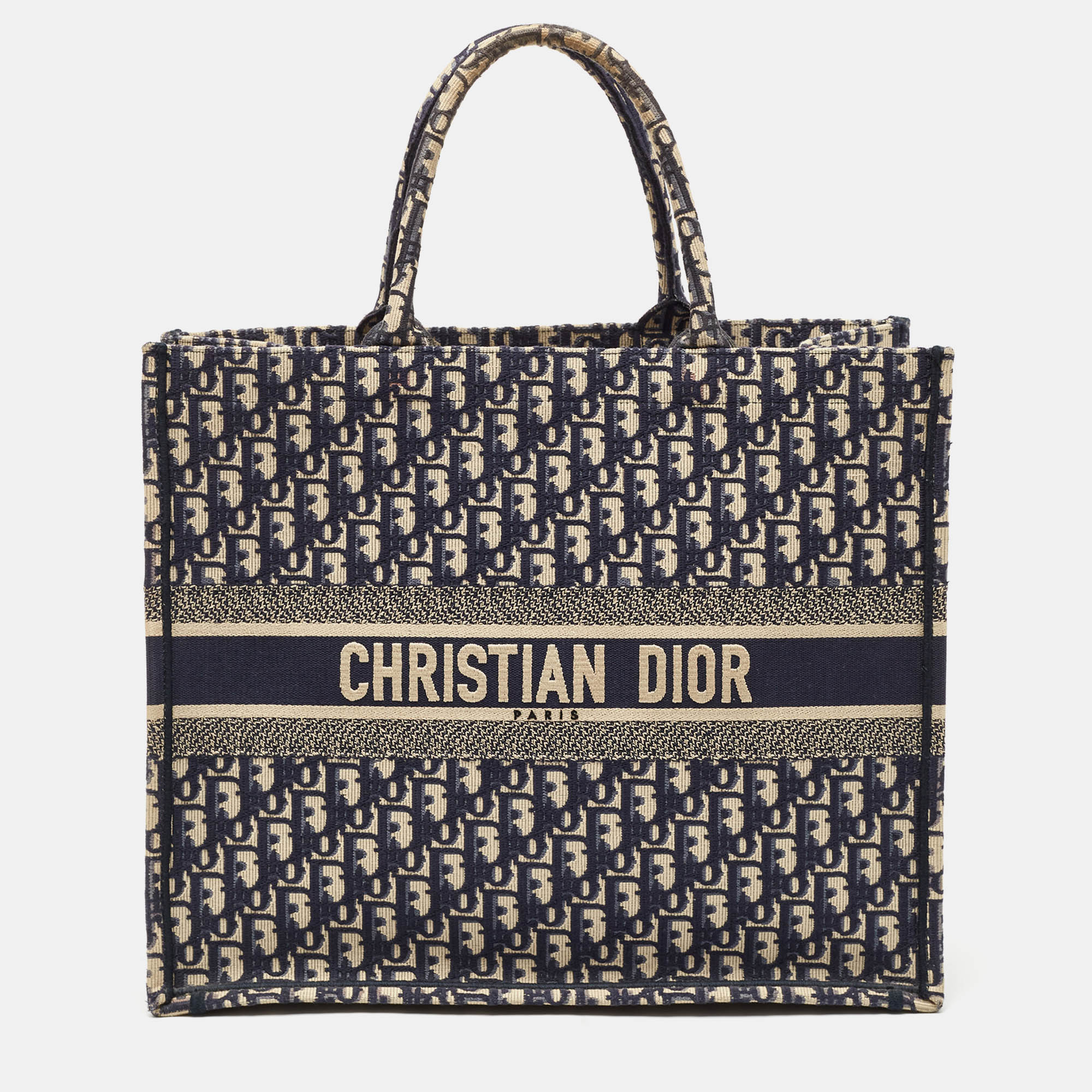 

Dior Navy Blue Oblique Embroidered Canvas Large Book Tote