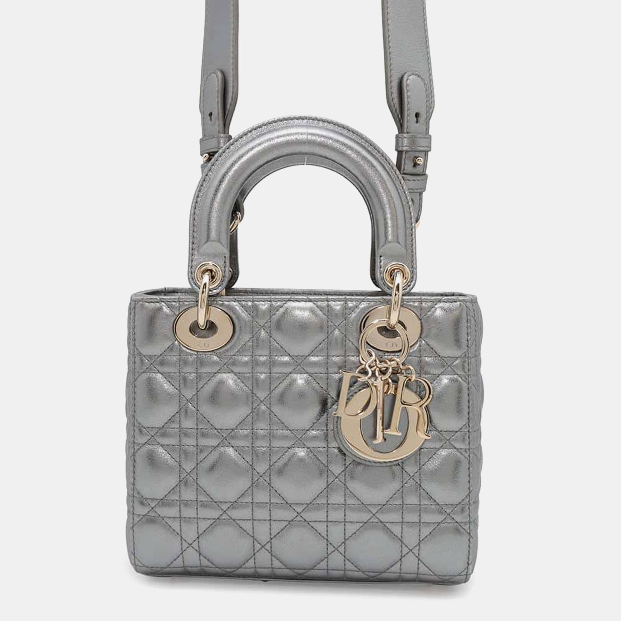 

Dior Silver Leather Small Lady Dior Myabcdior Top Handle Bag