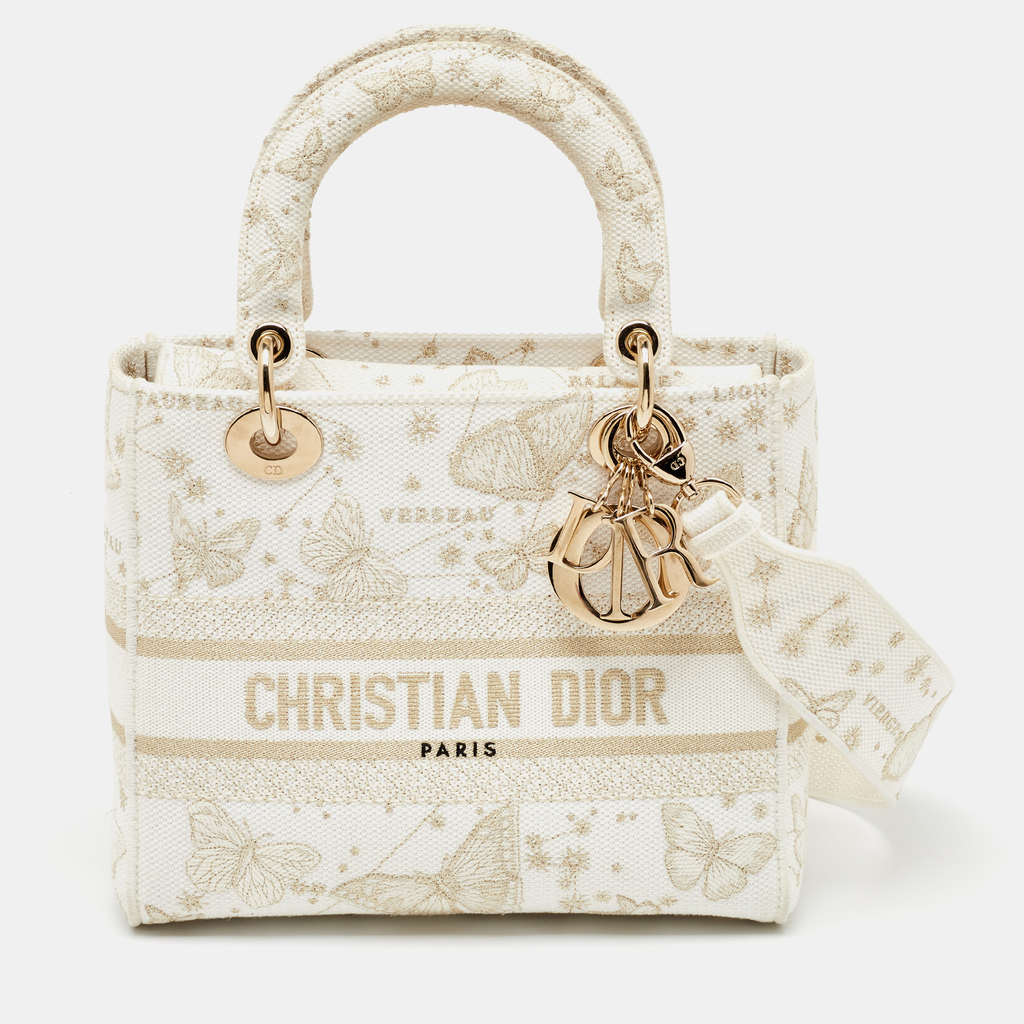 

Dior White Embroidered Canvas Zodiac Medium Lady D-Lite Bag