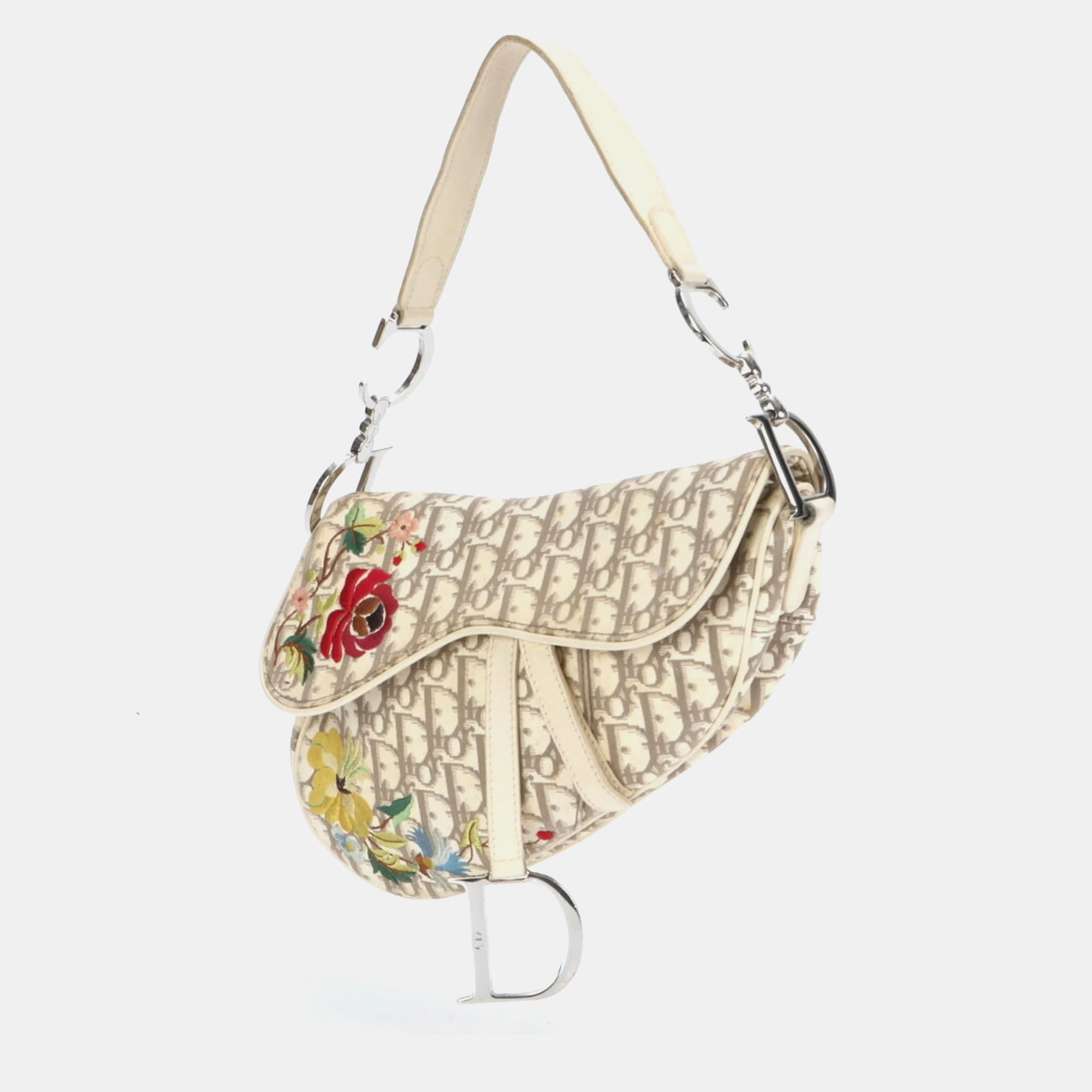 

Christian Dior Neutrals Canvas Floral-Embroidered Diorissimo Saddle Bag, Beige