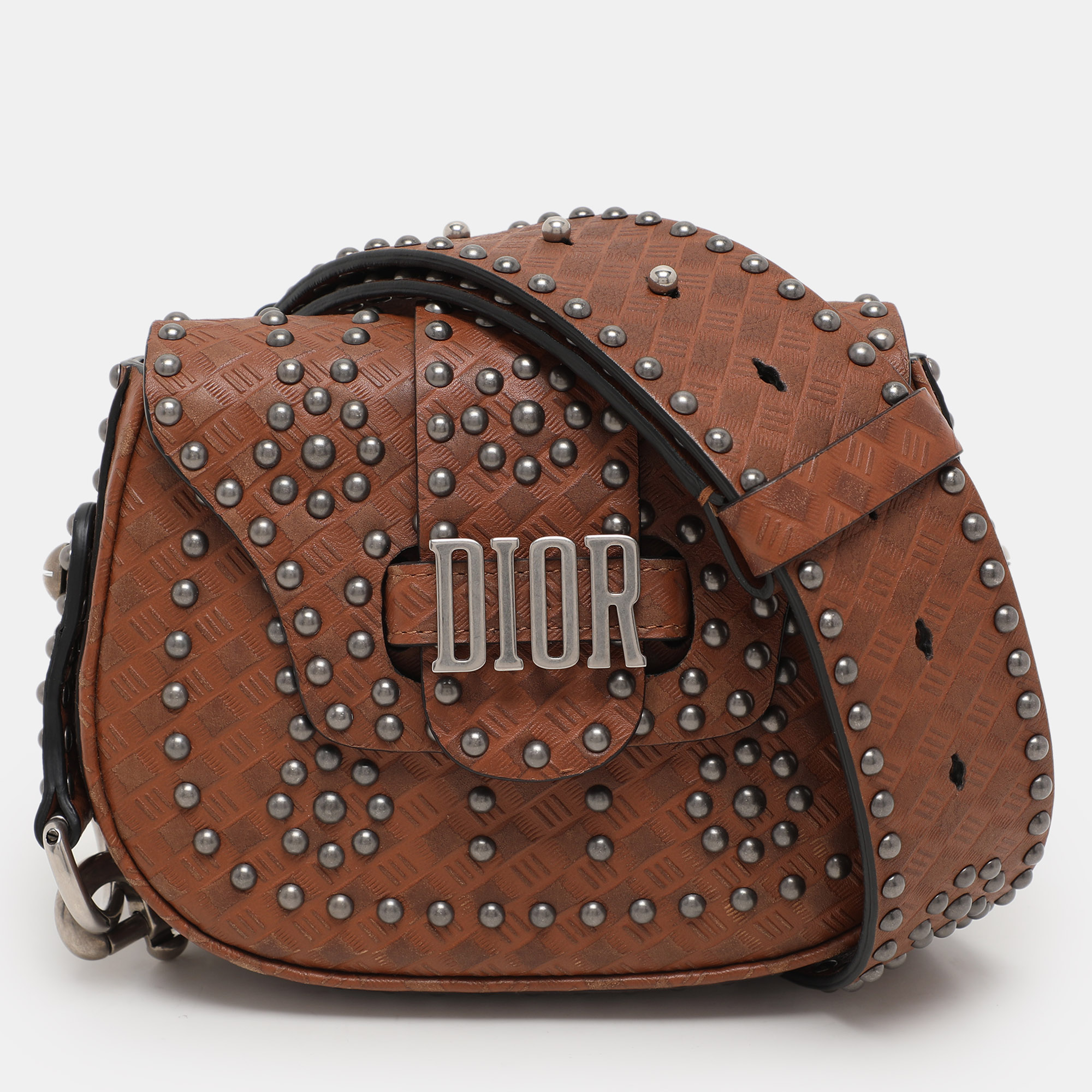 

Dior Brown Leather Studded D-Fence Saddle Bag