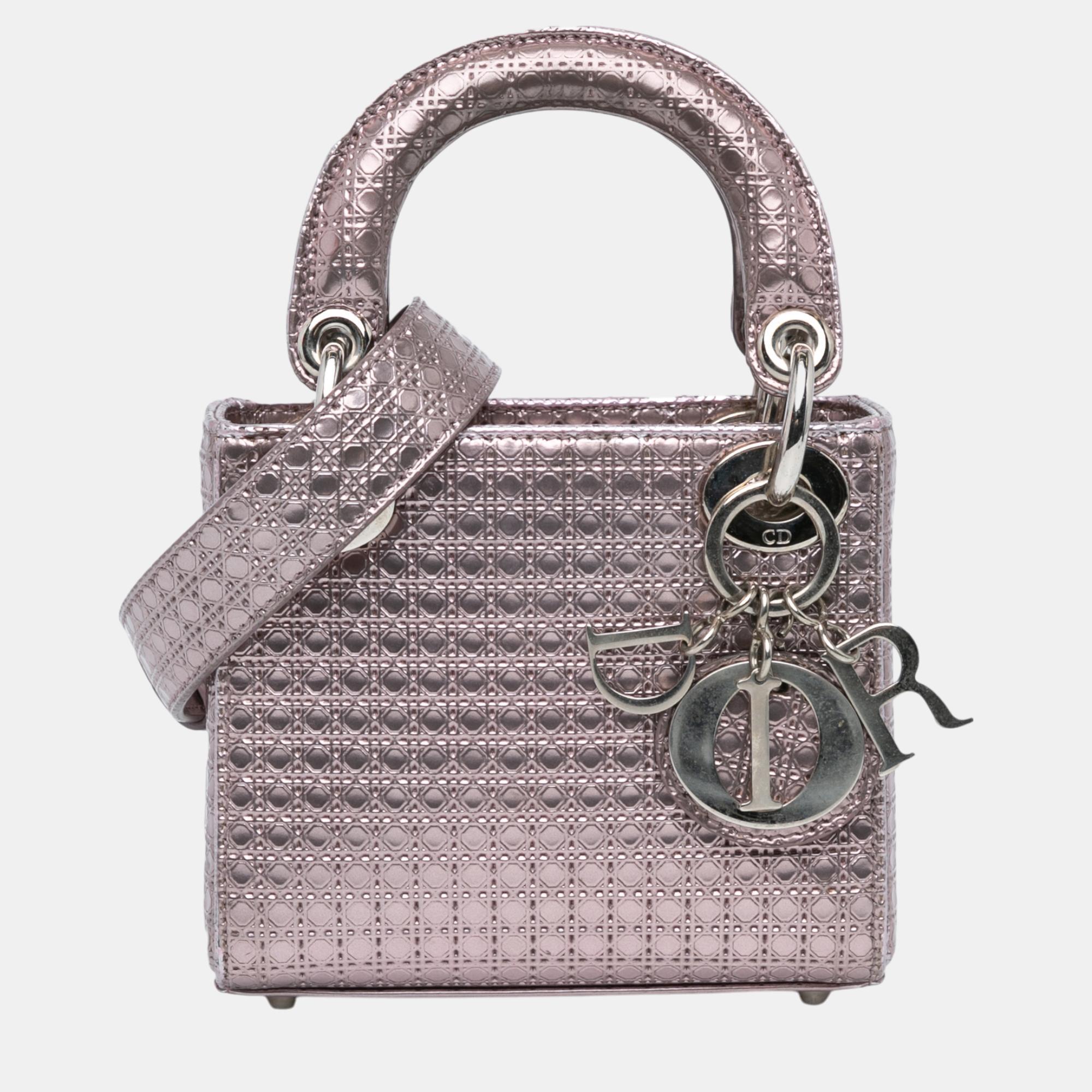 

Dior Pink Mini Metallic Patent Microcannage Lady Dior