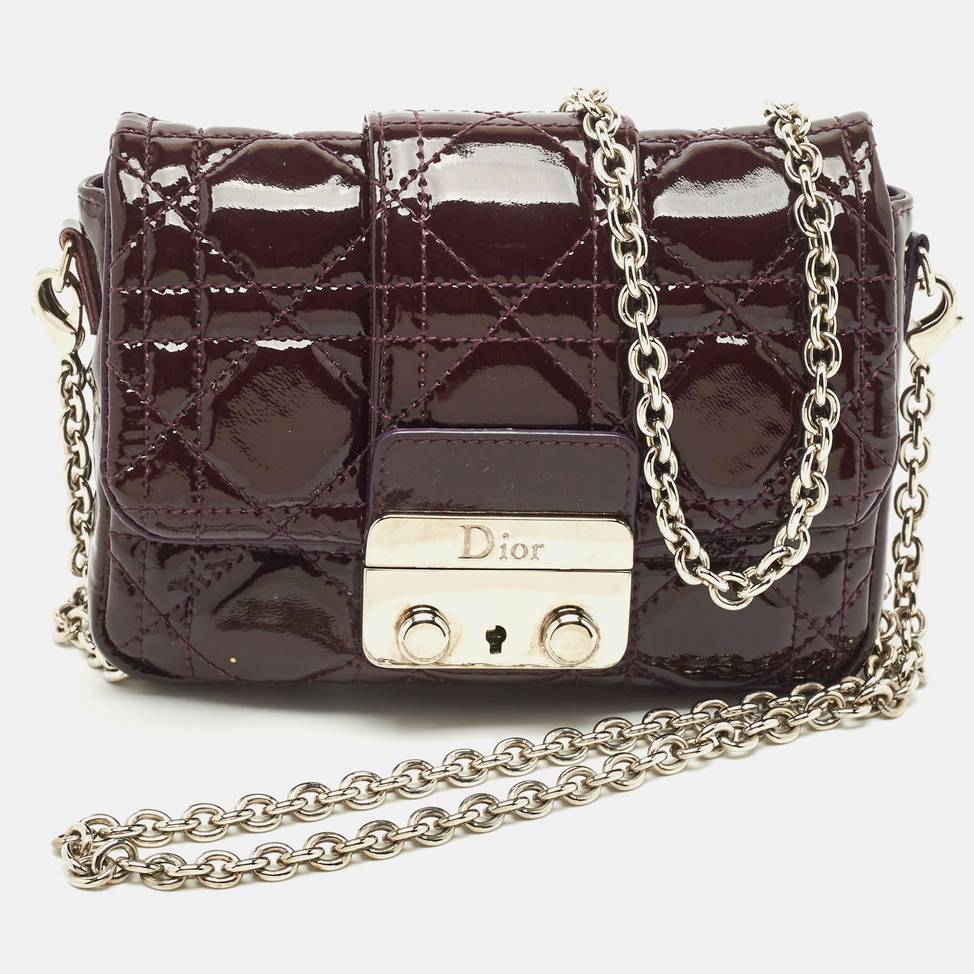 

Dior Purple Cannage Patent Leather Mini Lady Dior New Lock Flap Bag