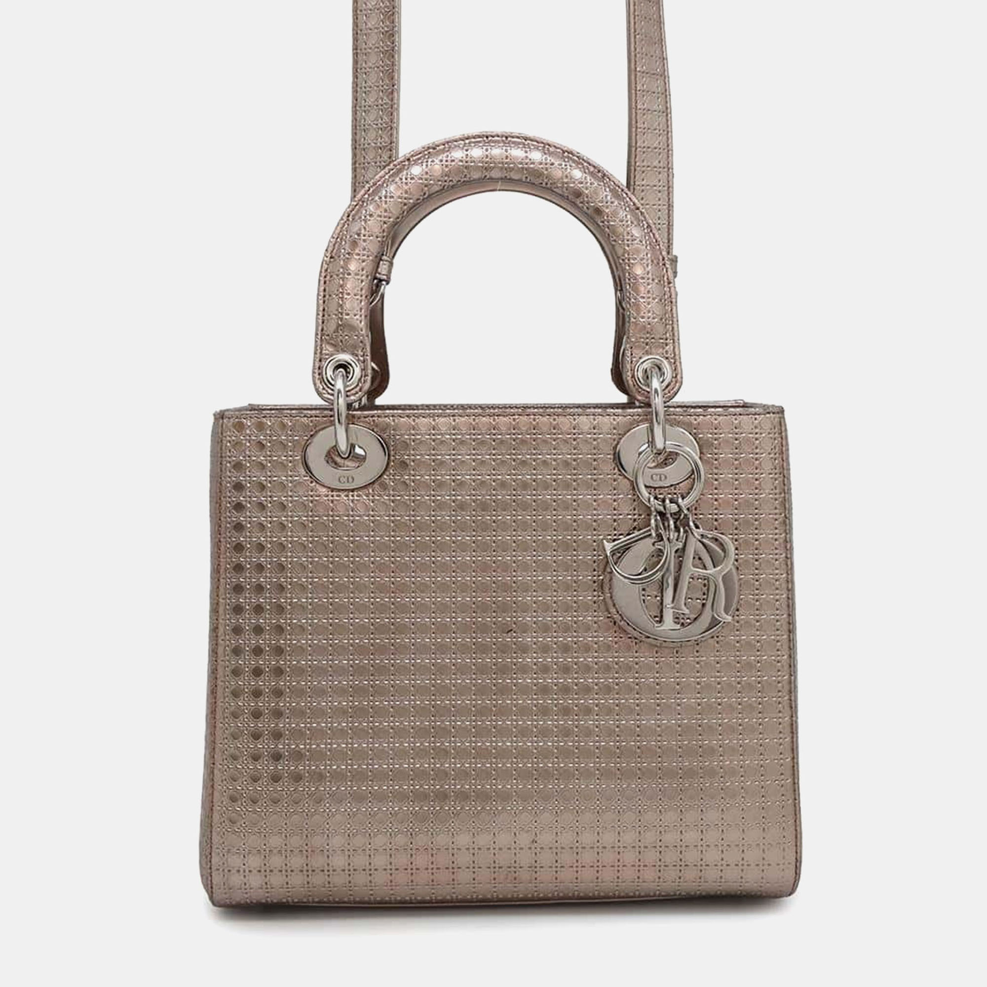 

Dior Metallic Pink Leather Lady Dior 2Waybag Medium Size